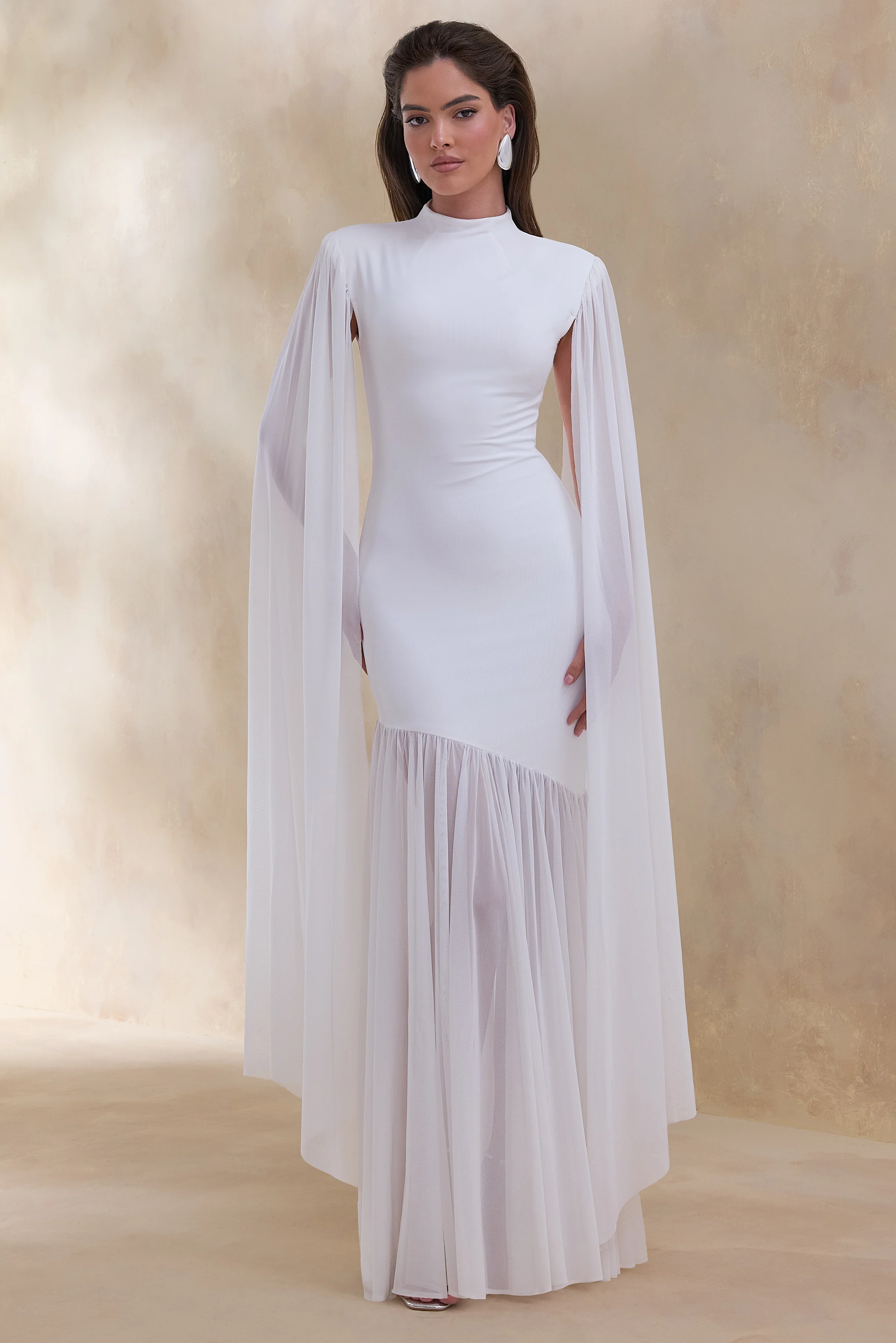 Chantelle | White High-Neck Maxi Dress With Drop-Waist And Cape-Sleeves