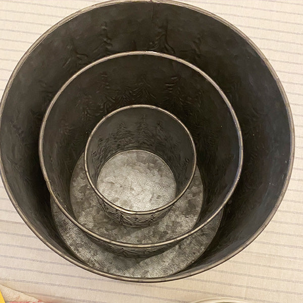 Snowy Tree Embossed Metal Christmas Planters, Set of 3