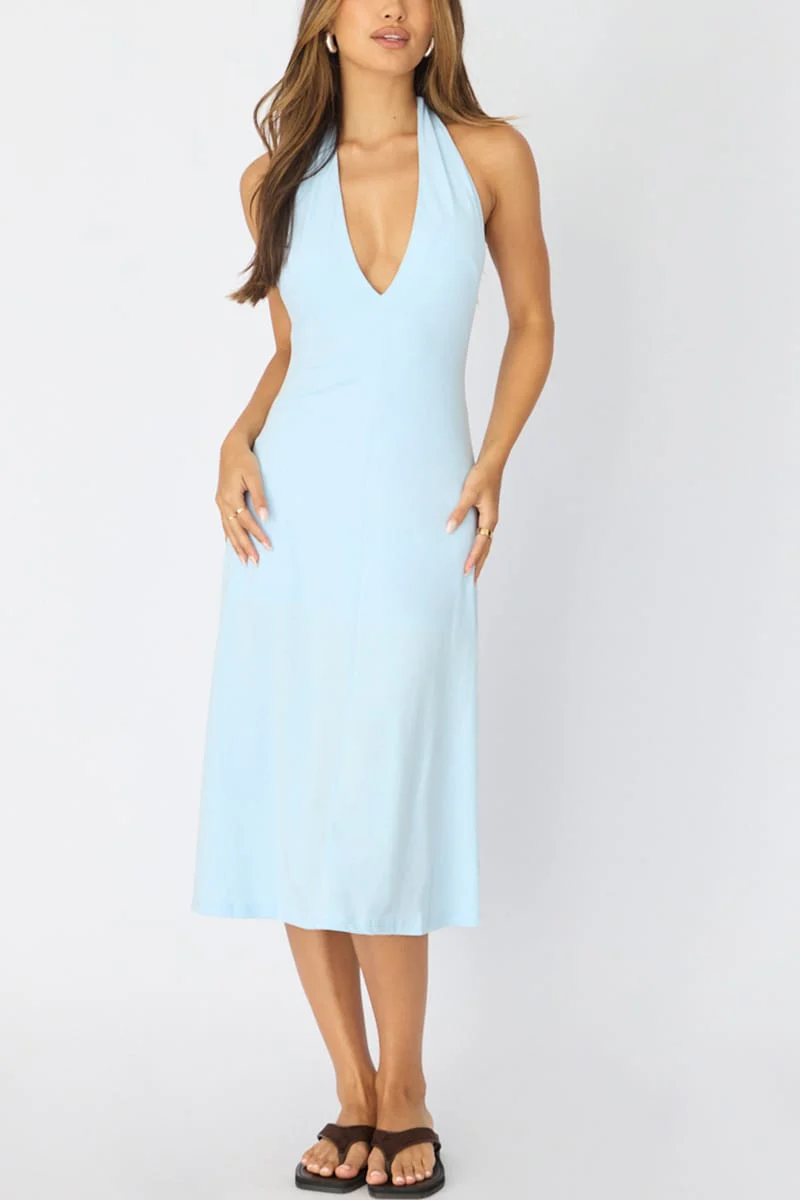 Blue Midi Dress Deep V-neck