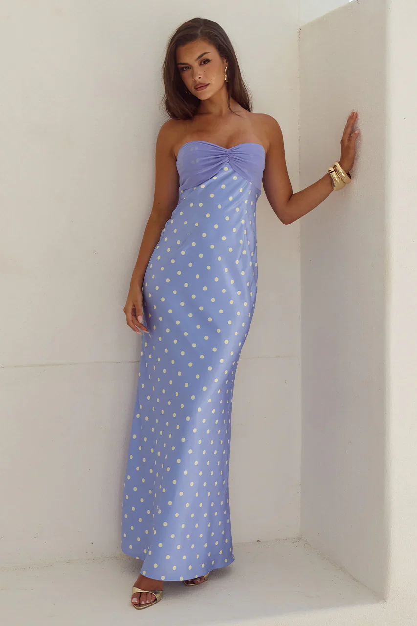 KADIE OFF SHOULDER MAXI DRESS - PERIWINKLE/LEMON POLKA