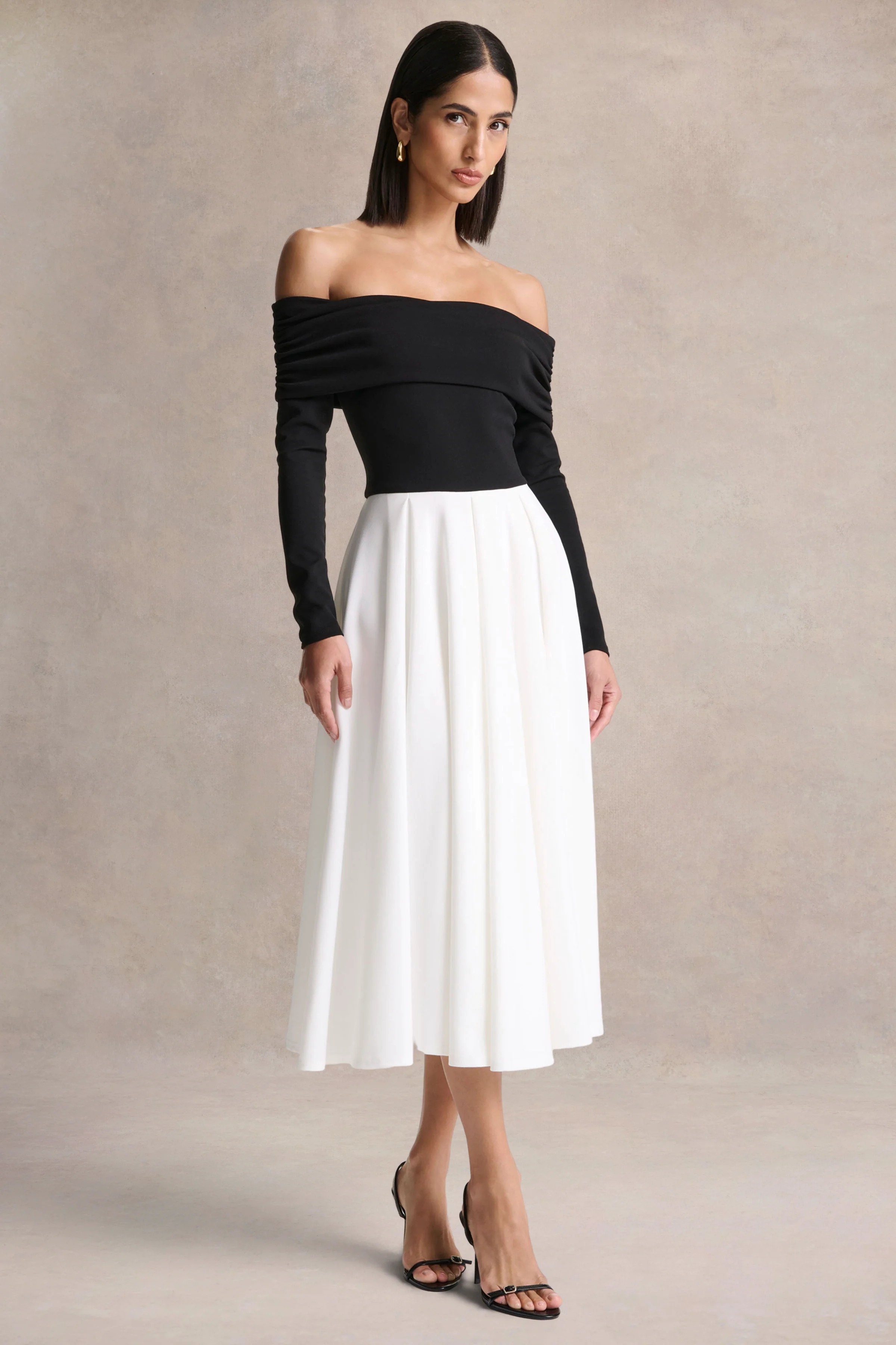 Frederica | Black And White Bardot-Neck Midi Dress