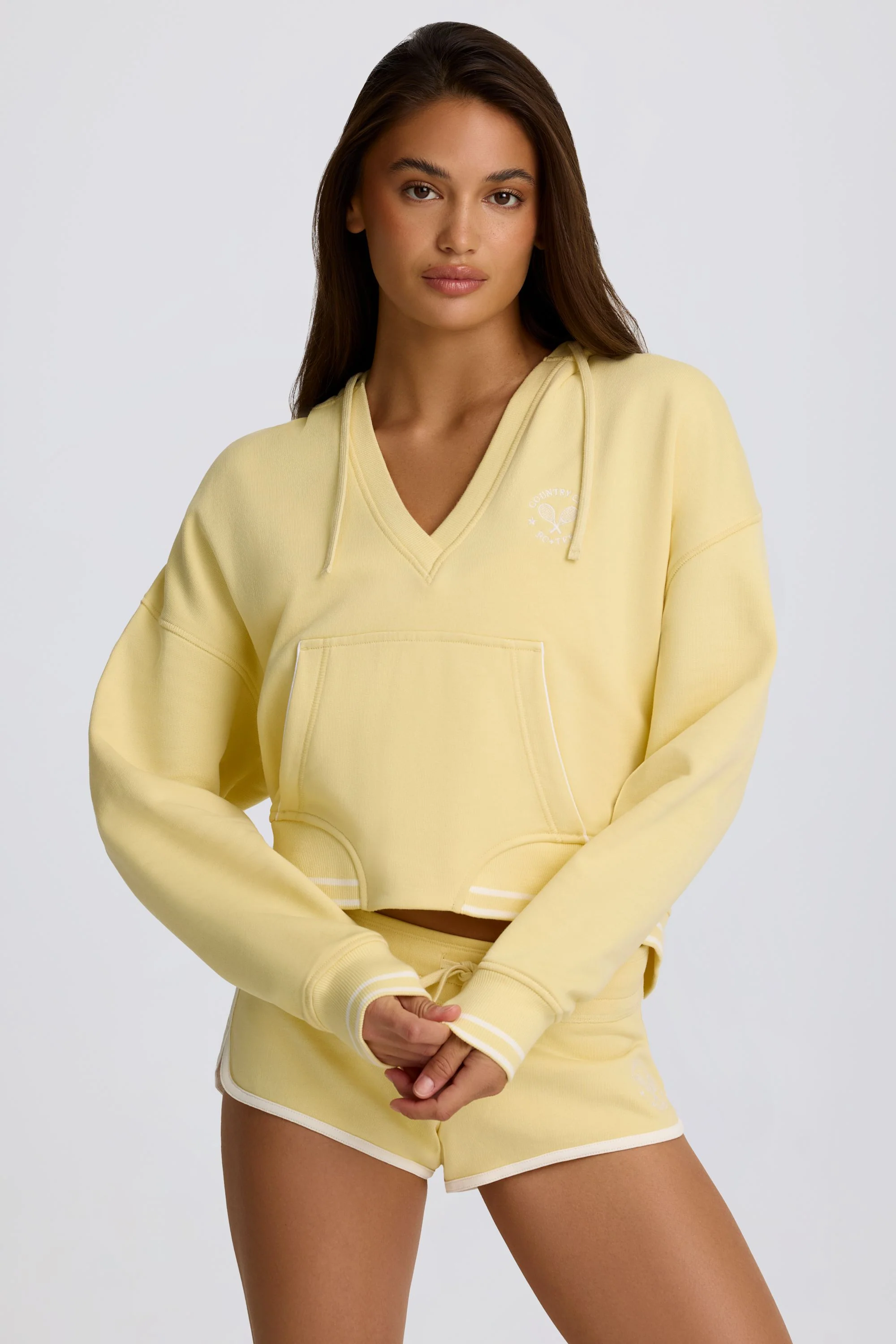 Cotton Jersey V-Neck Hoodie in Lemon