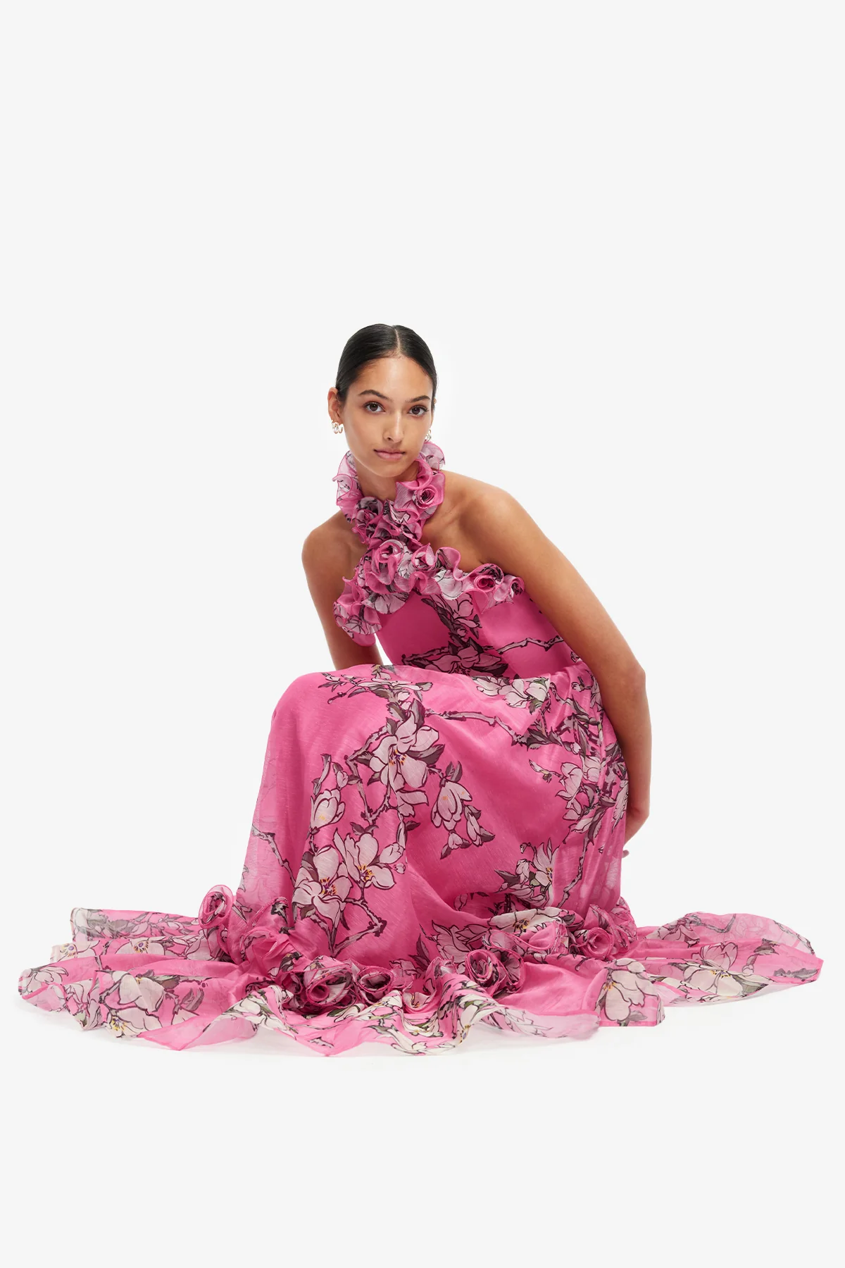 Isabelle Ruffled Halterneck Maxi Dress - Pink Magnolia Print