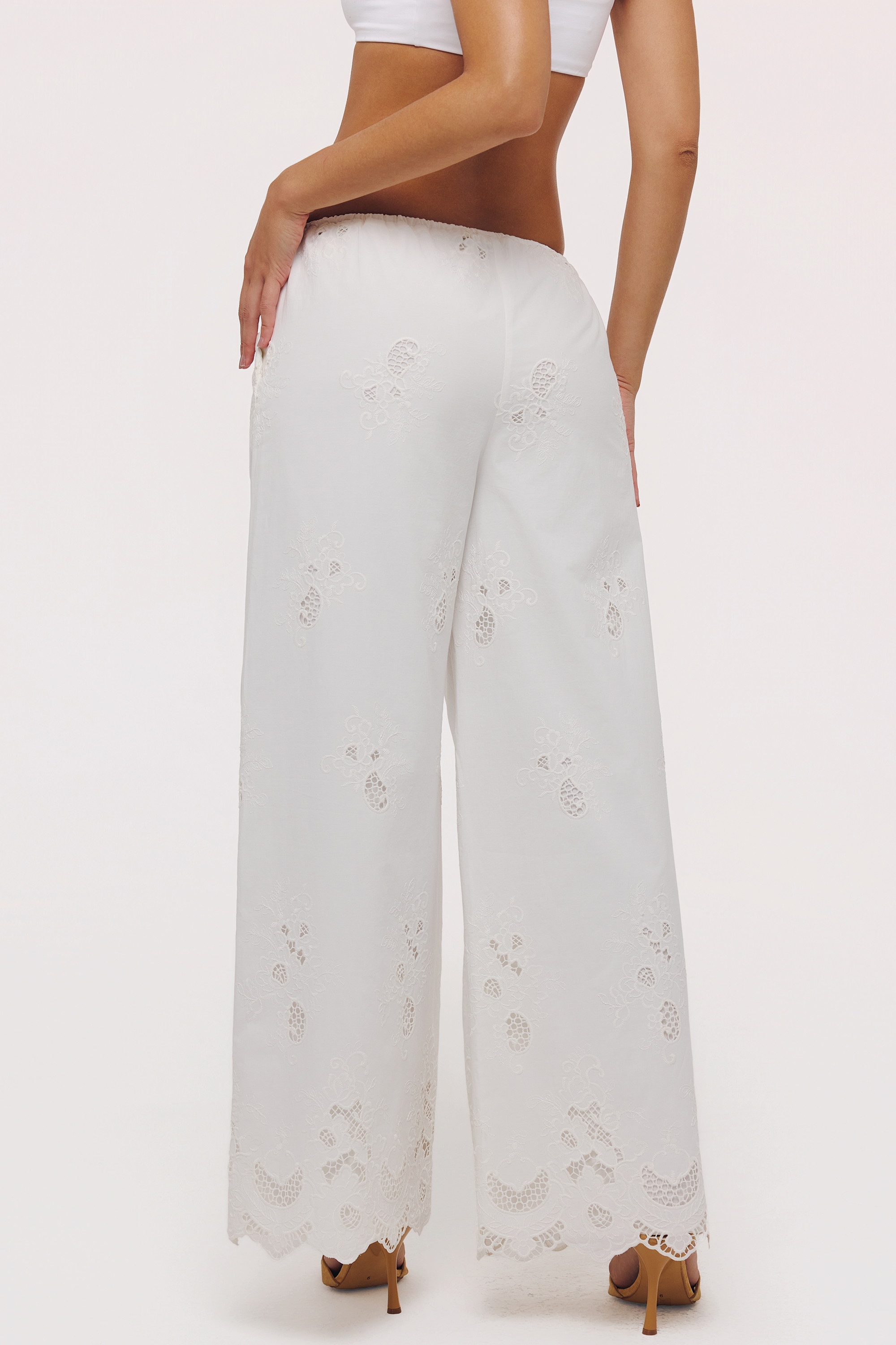White Cotton Broderie Anglaise Wide Leg Trousers