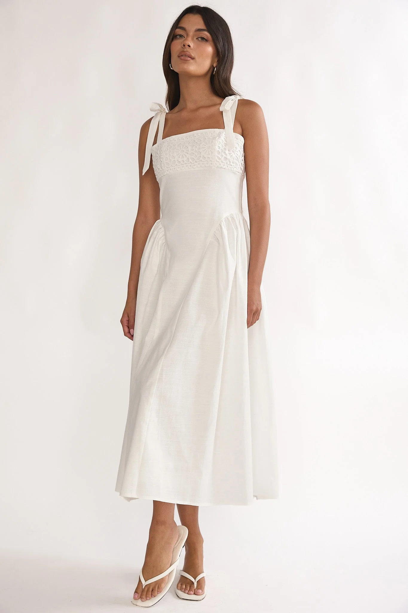 Morgana Tied Shoulder Applique Midi Dress Off White
