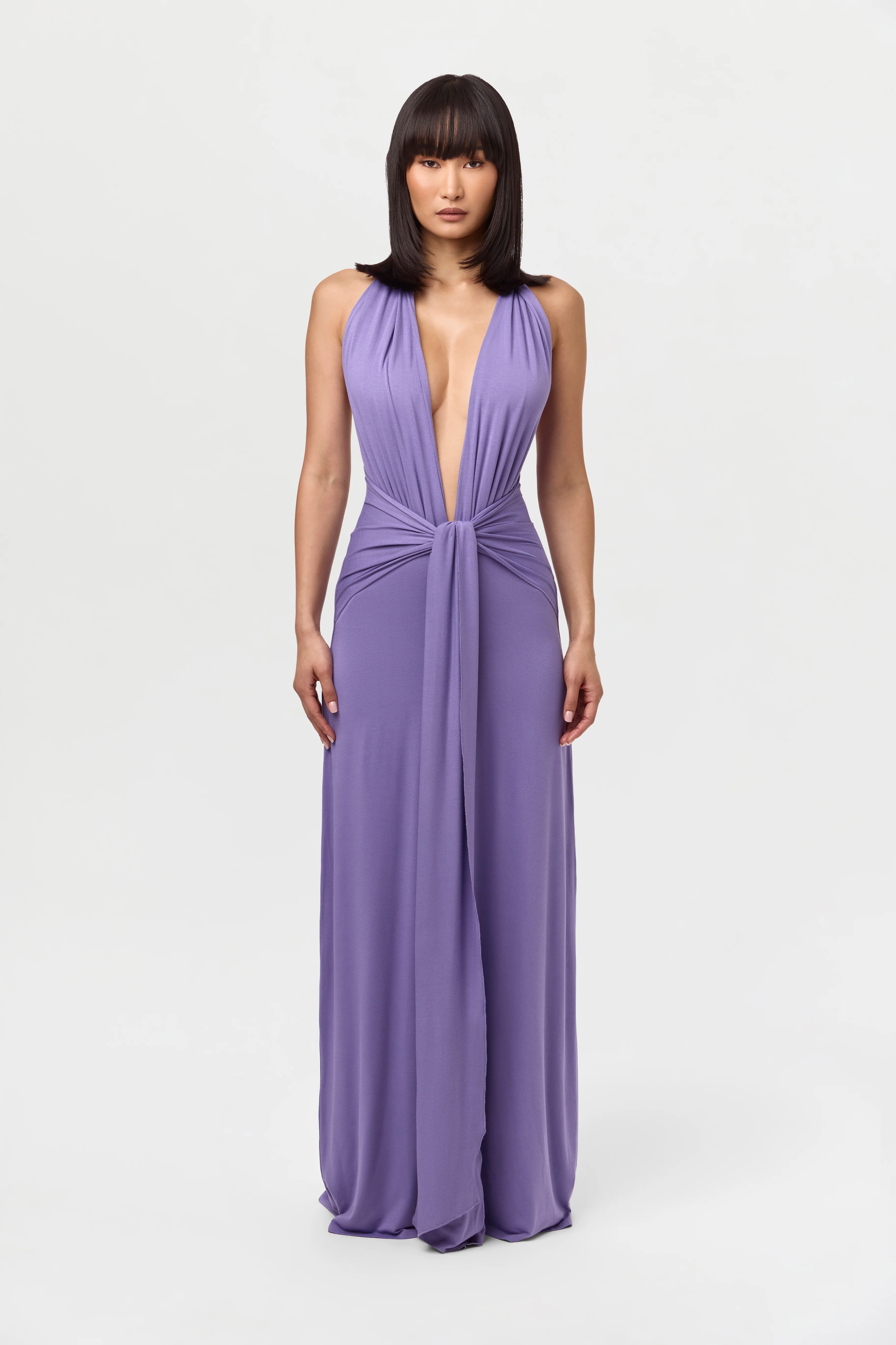 Smooth Halter Plunge Drape Tie Dress