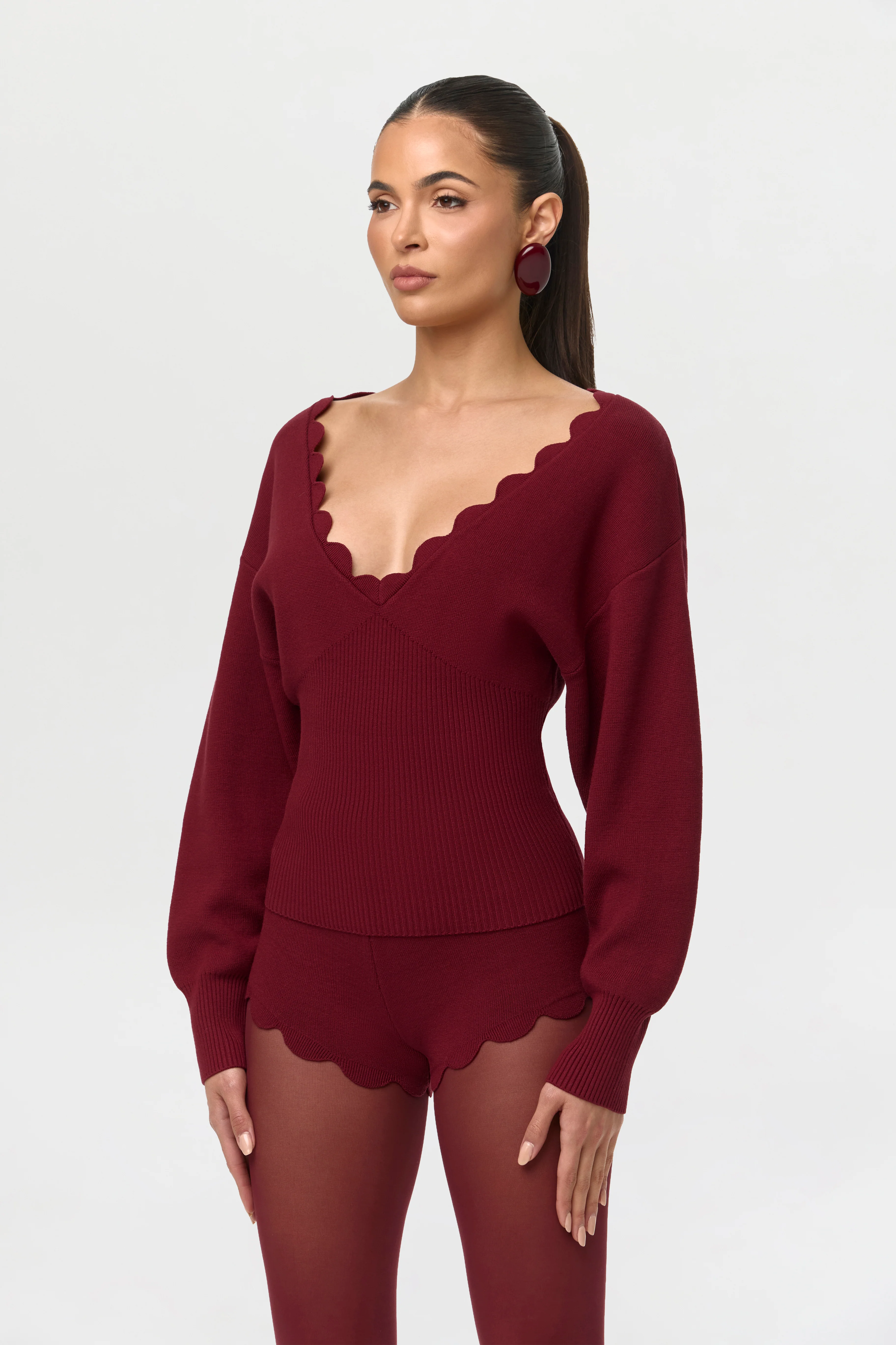 Ribbed-Knit V-Neck Scallop Sweater