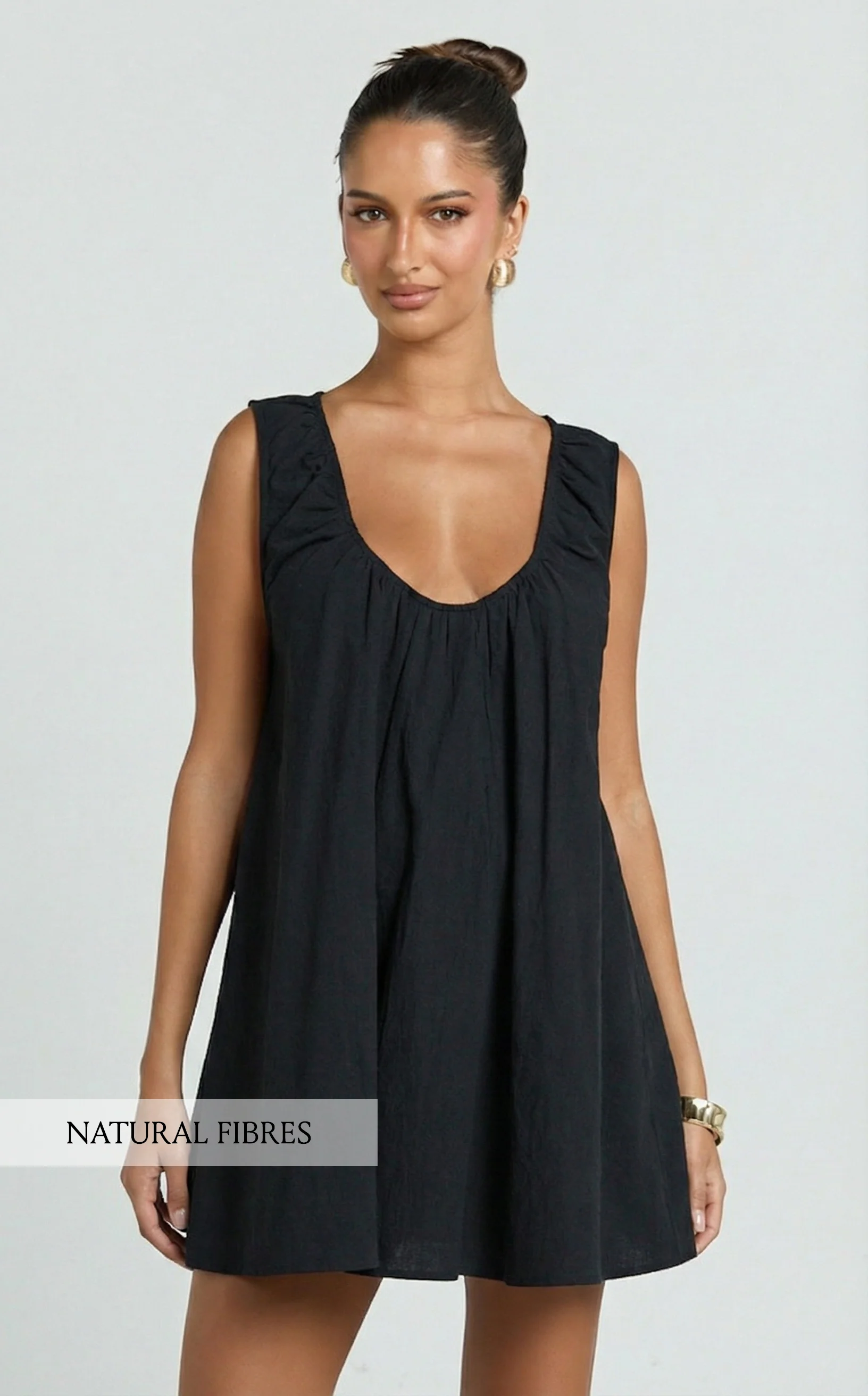 Lucinda Mini Dress - Deep U Gathered Neck Smock Dress in Black