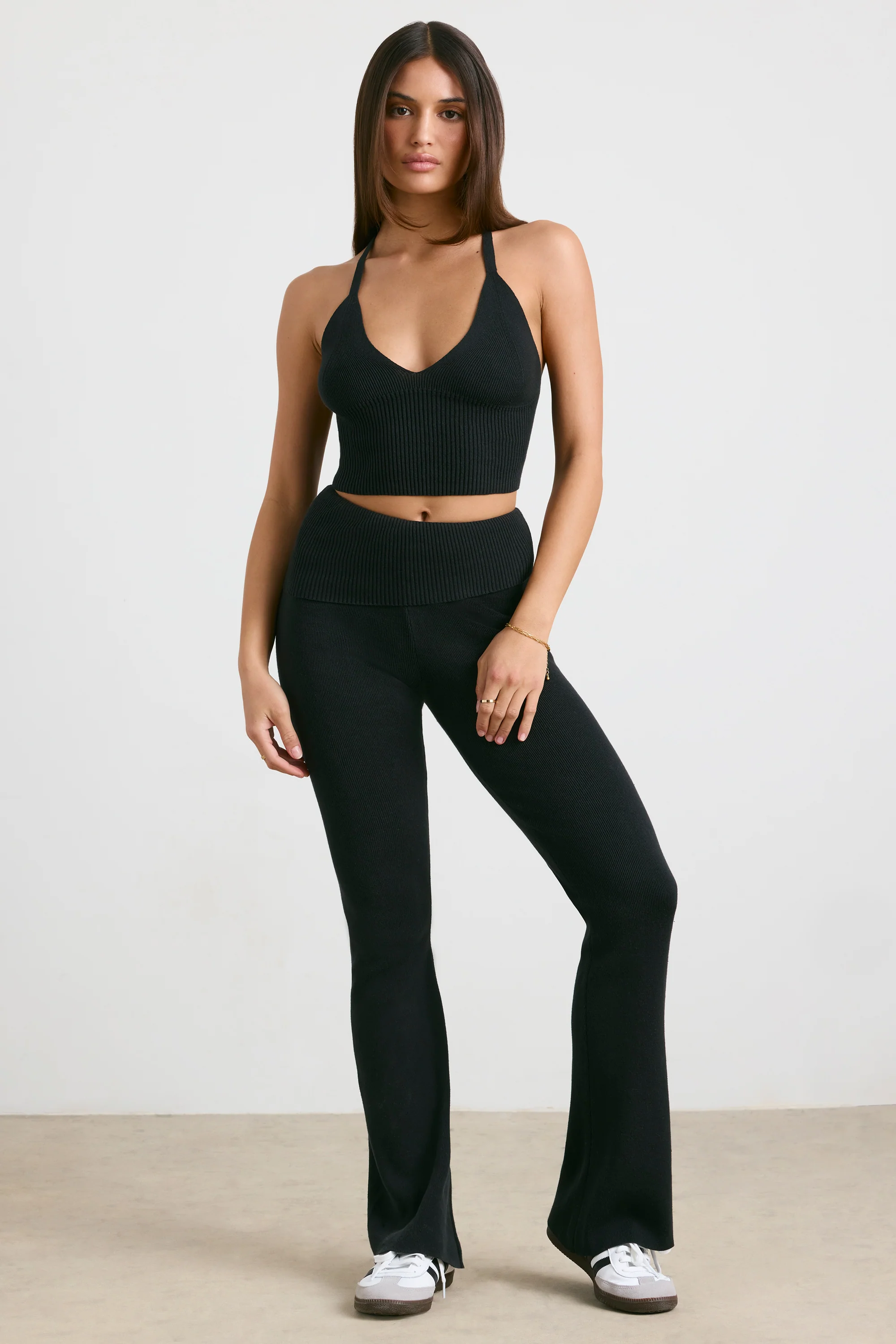 Chunky Knit Foldover Kick Flare Trousers in Black