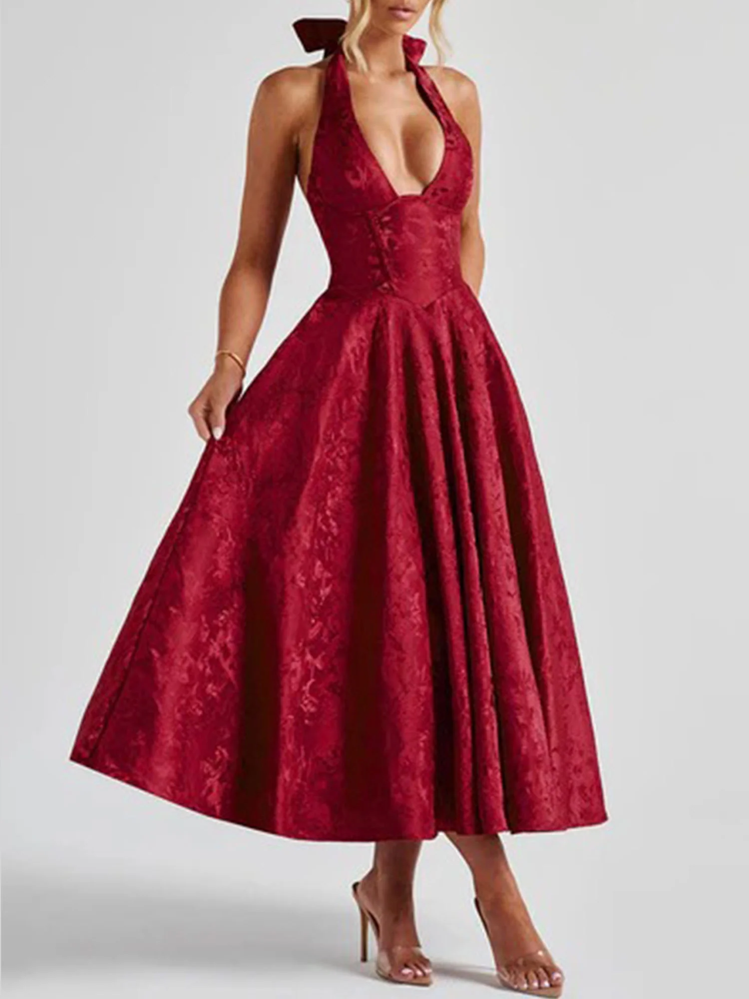 Red Halter Flared Midi Dress