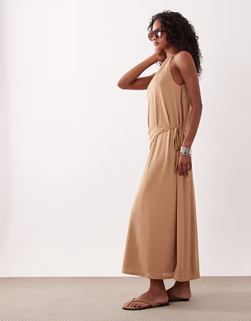 textured jersey wrap scarf detail maxi dress in stone