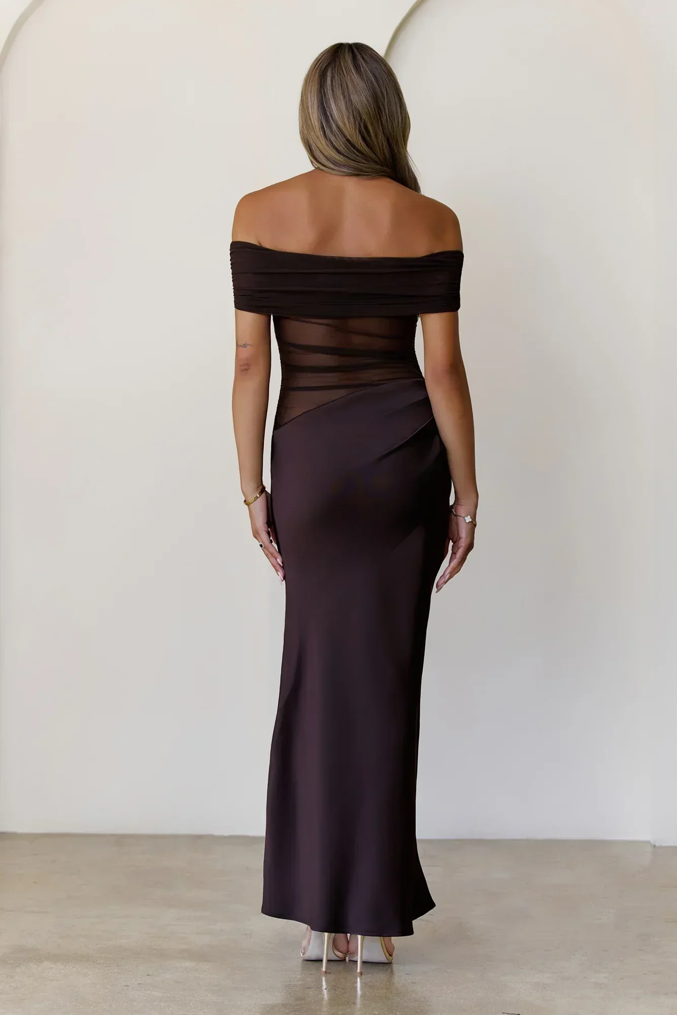 Veiled Whispers Off Shoulder Maxi Dress