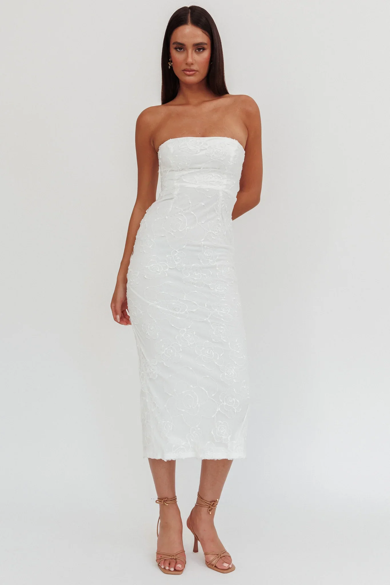 Bia Strapless Embroidered Midi Dress White