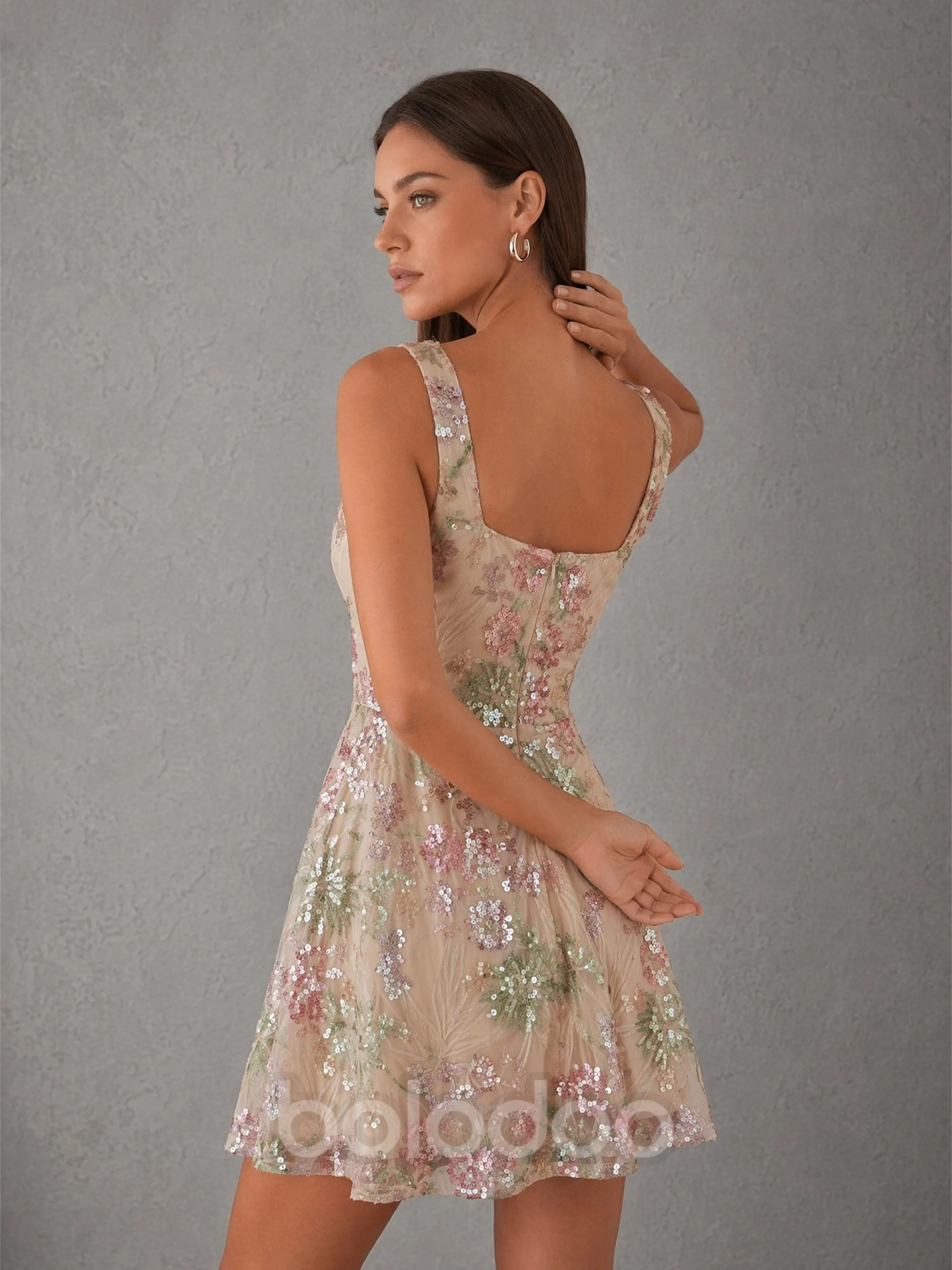 BOLODOO Champagne Floral Sequin Embroidered A-Line Mini Dress – Square Neck Wide Strap Open Back
