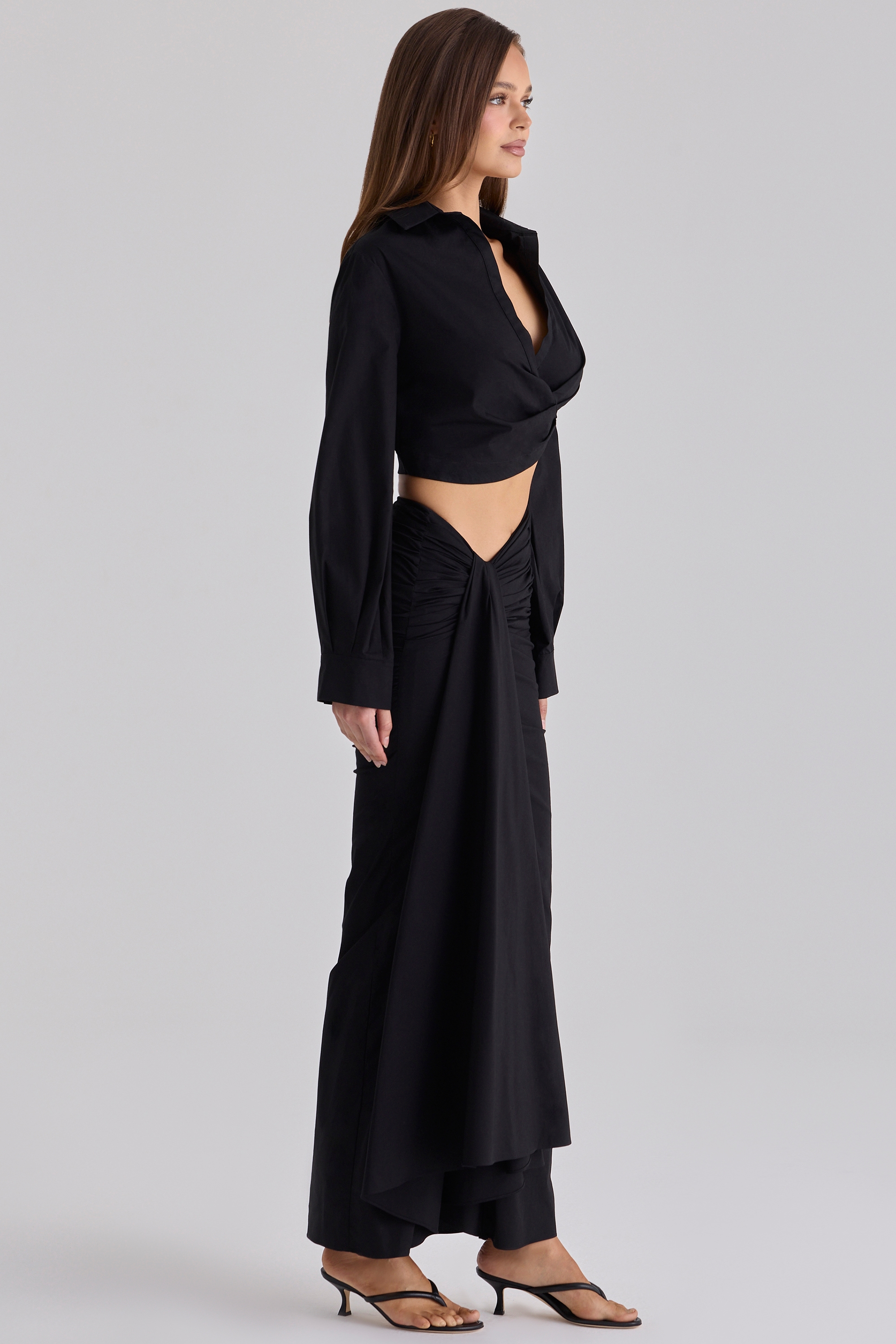 Black Long Sleeve Cropped Cotton Shirt