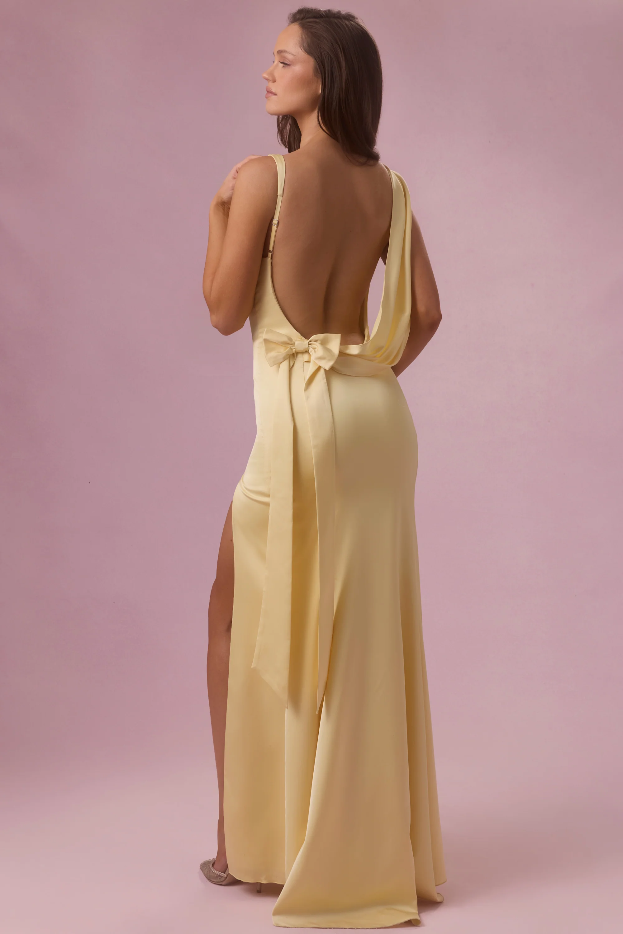 Premium Satin Draped Bridesmaid Dress in Butter Yellow
