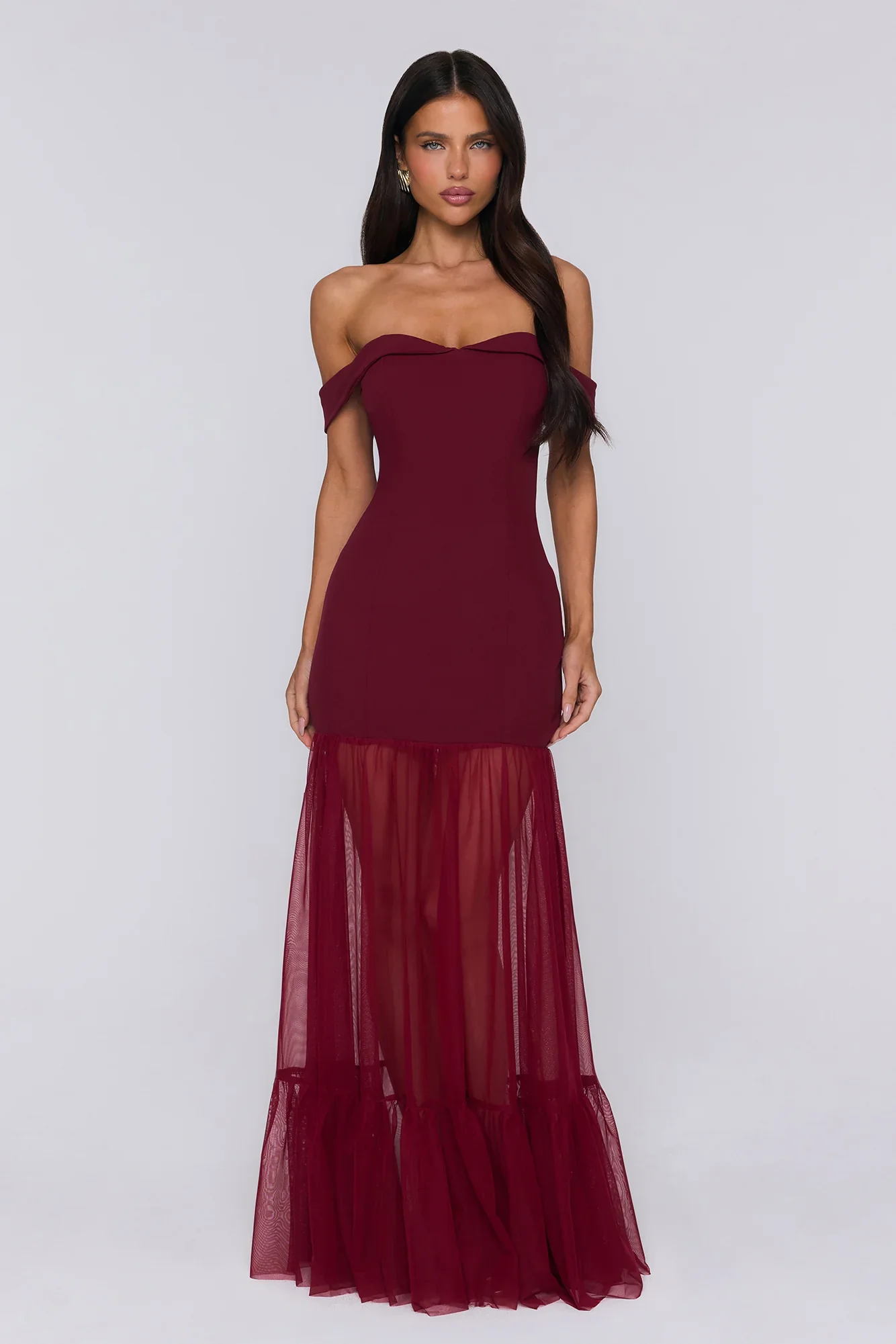 Pretty Lullaby Off Shoulder Maxi Dress Burgundy