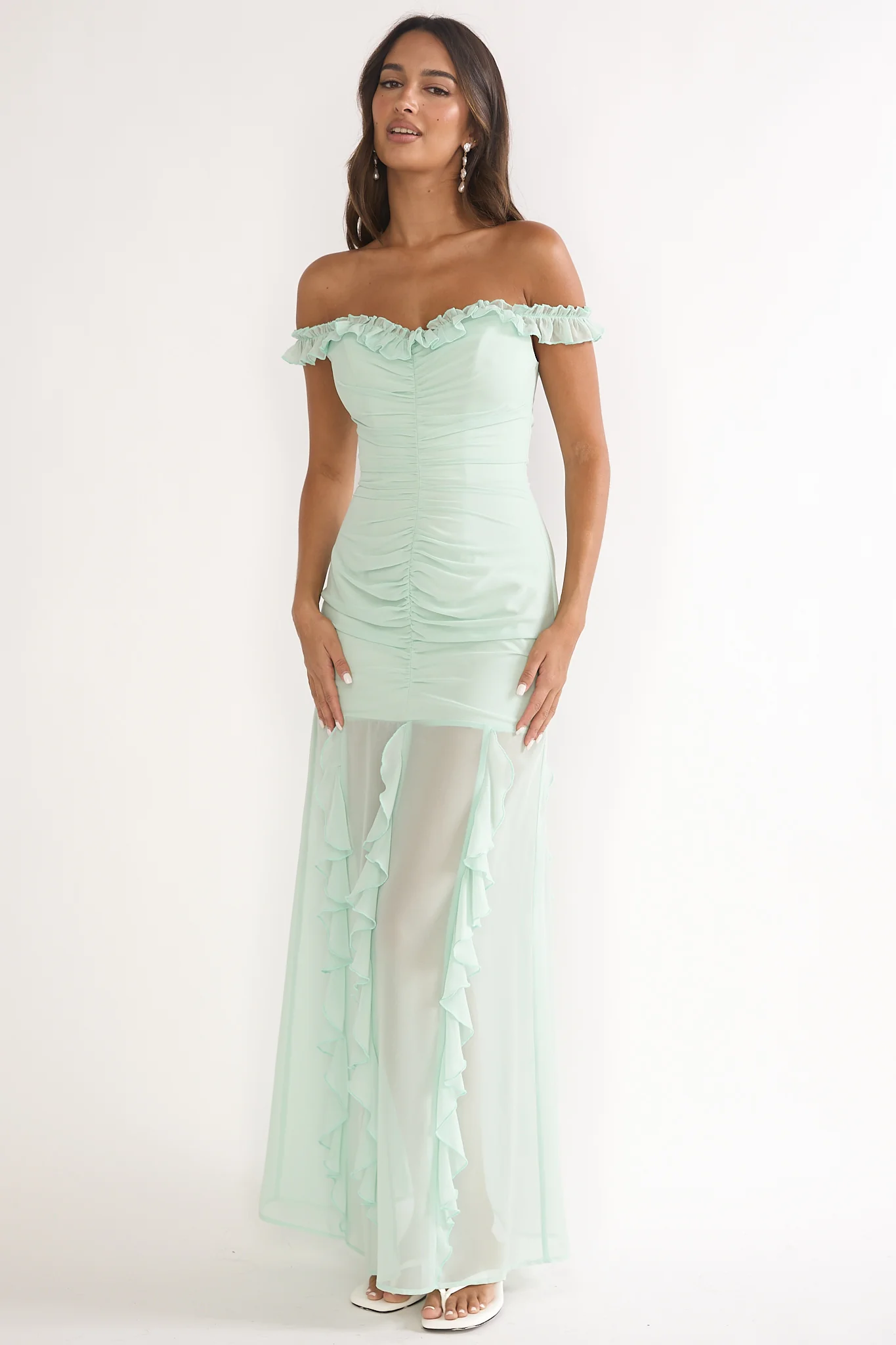 Fall In Love Off Shoulder Frill Maxi Dress Sage