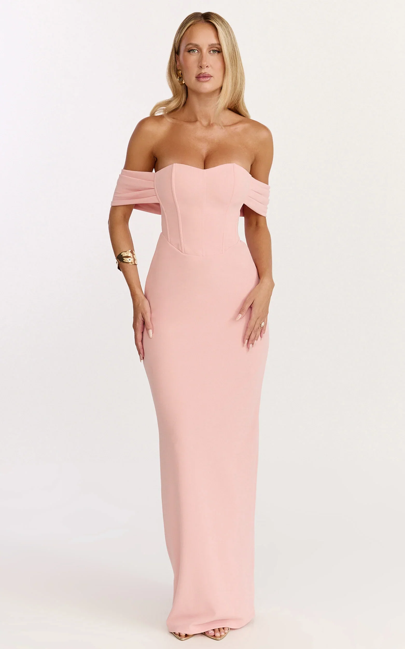 Karina Maxi Dress - Off Shoulder Corset Bodice Lace Up Back Dress in Pink