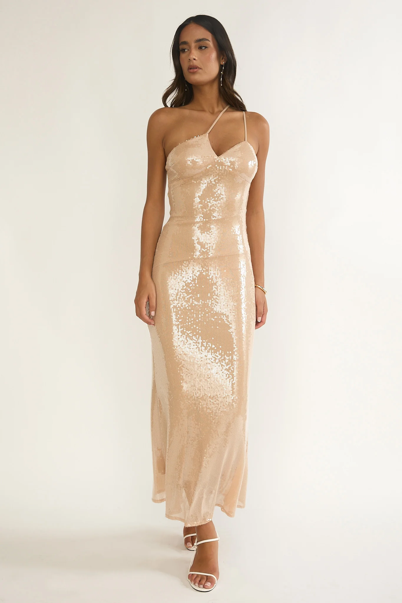 Roselyn One-Shoulder Sequin Maxi Dress Latte - luluinthesky