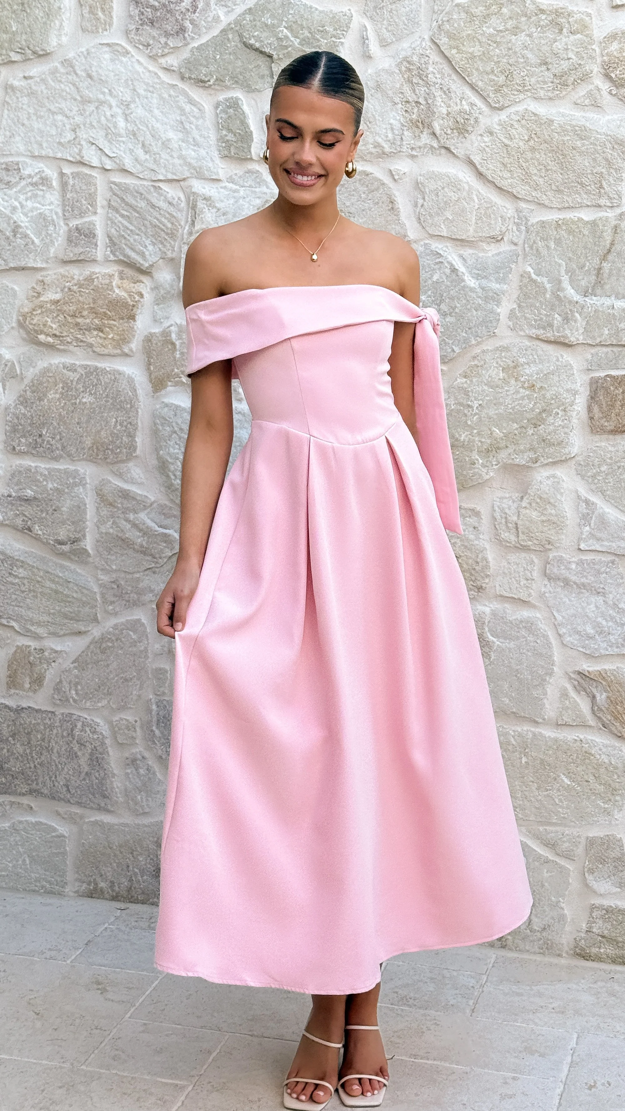 Bentley Off Shoulder Midi Dress - Pink