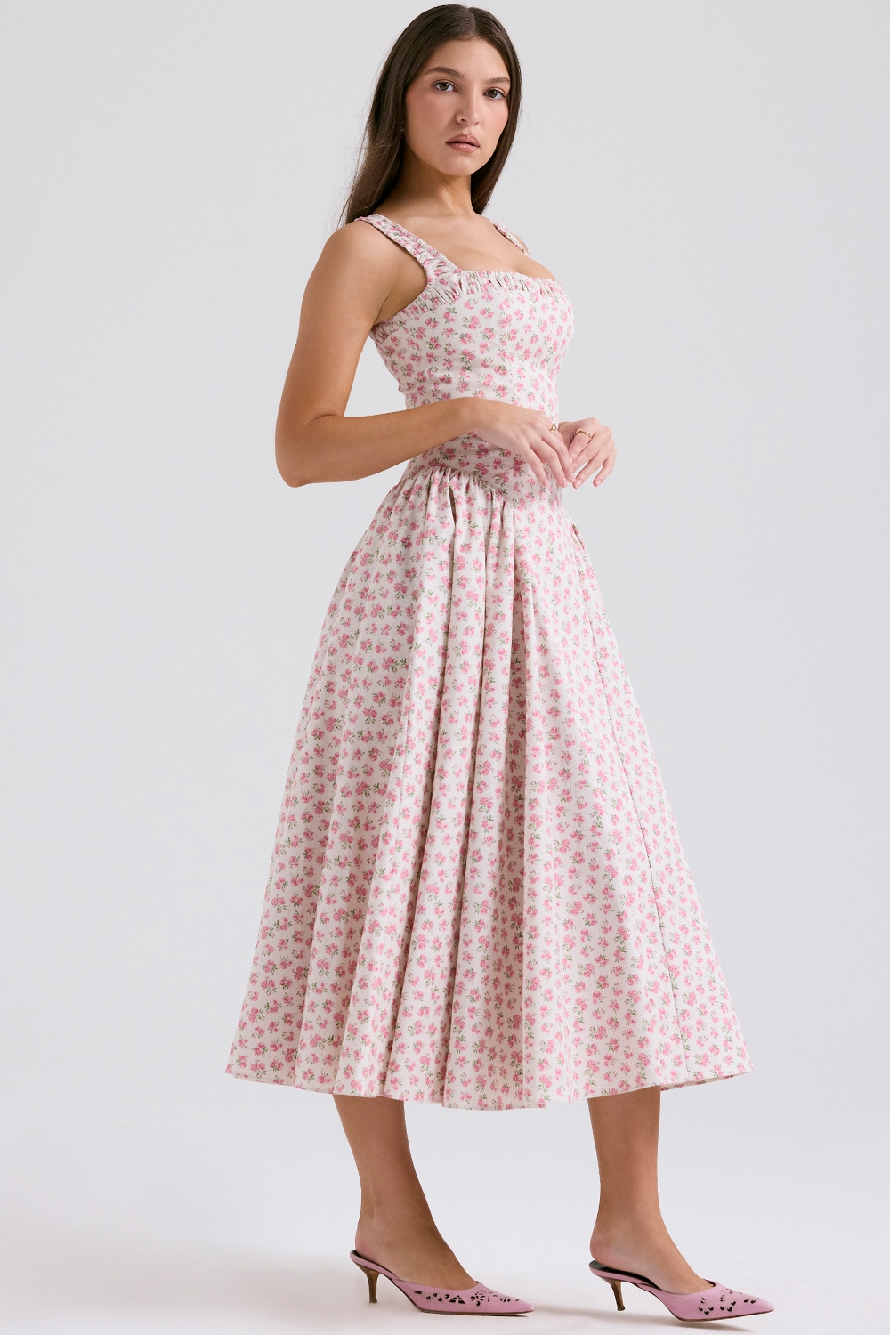 white rosebud print cotton midi sundress