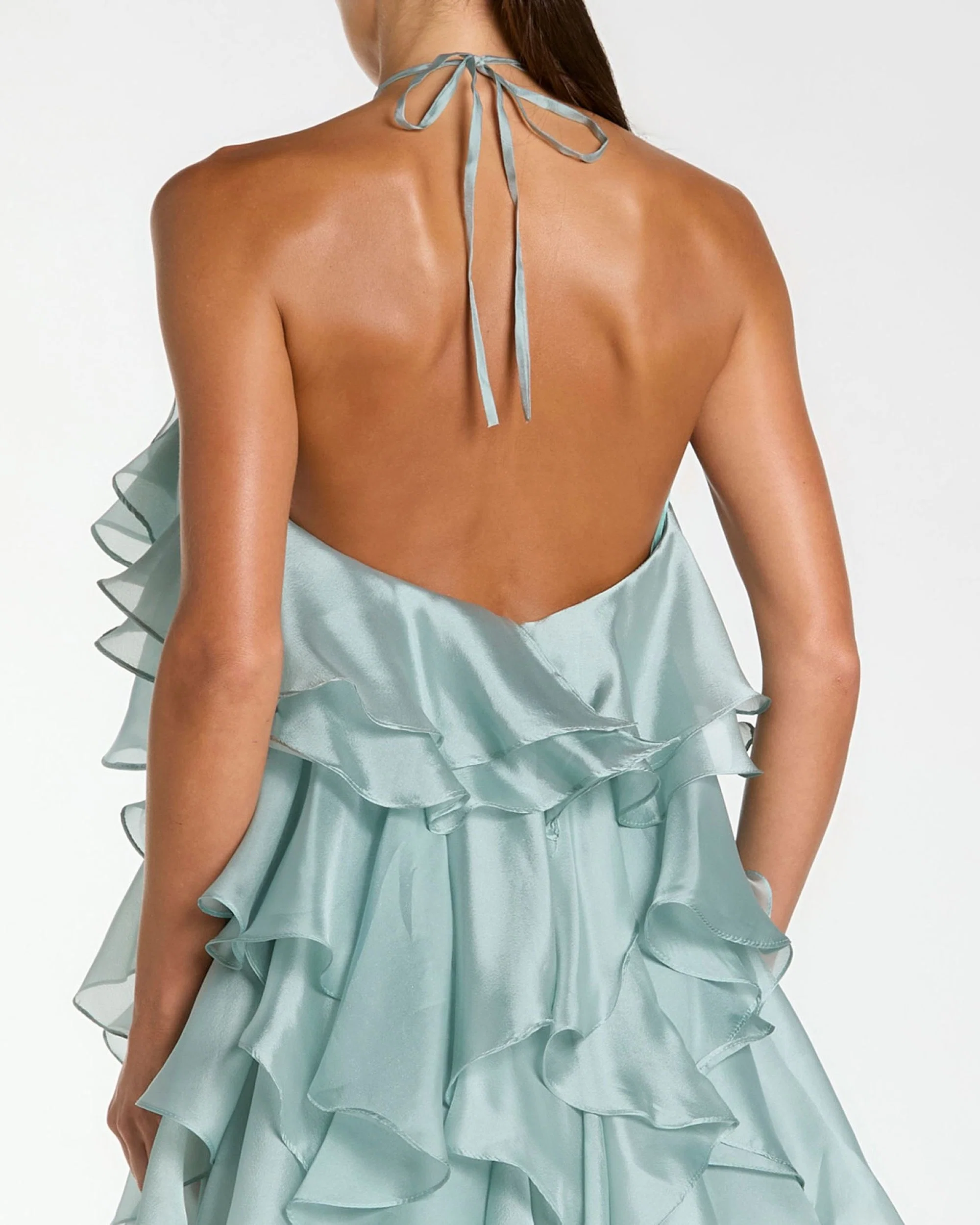 Blue Halter Neck Open Back Trapeze Ruffle Gown