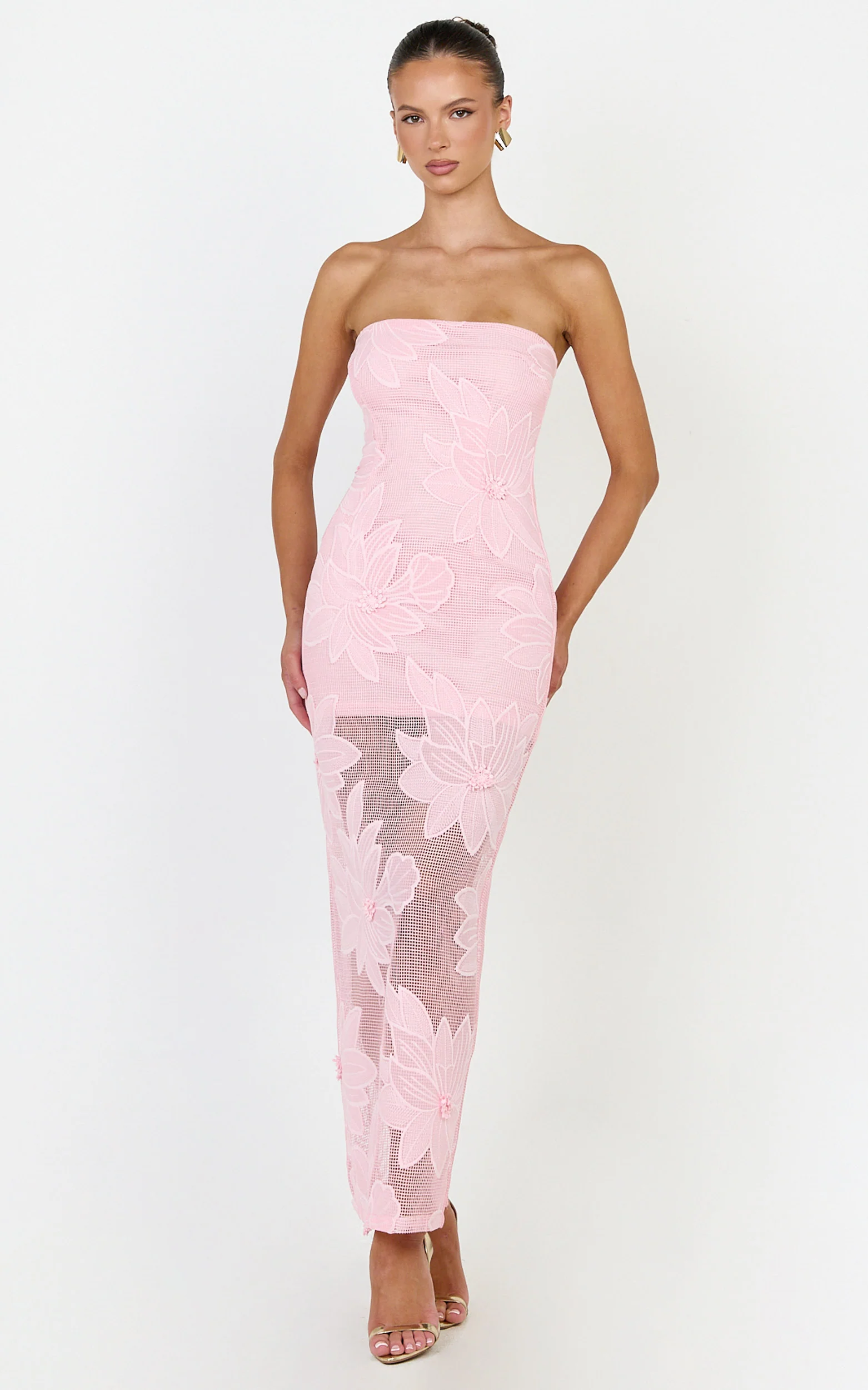 Sienna Midi Dress - Strapless Floral Embroidered Bodycon Dress in Pink
