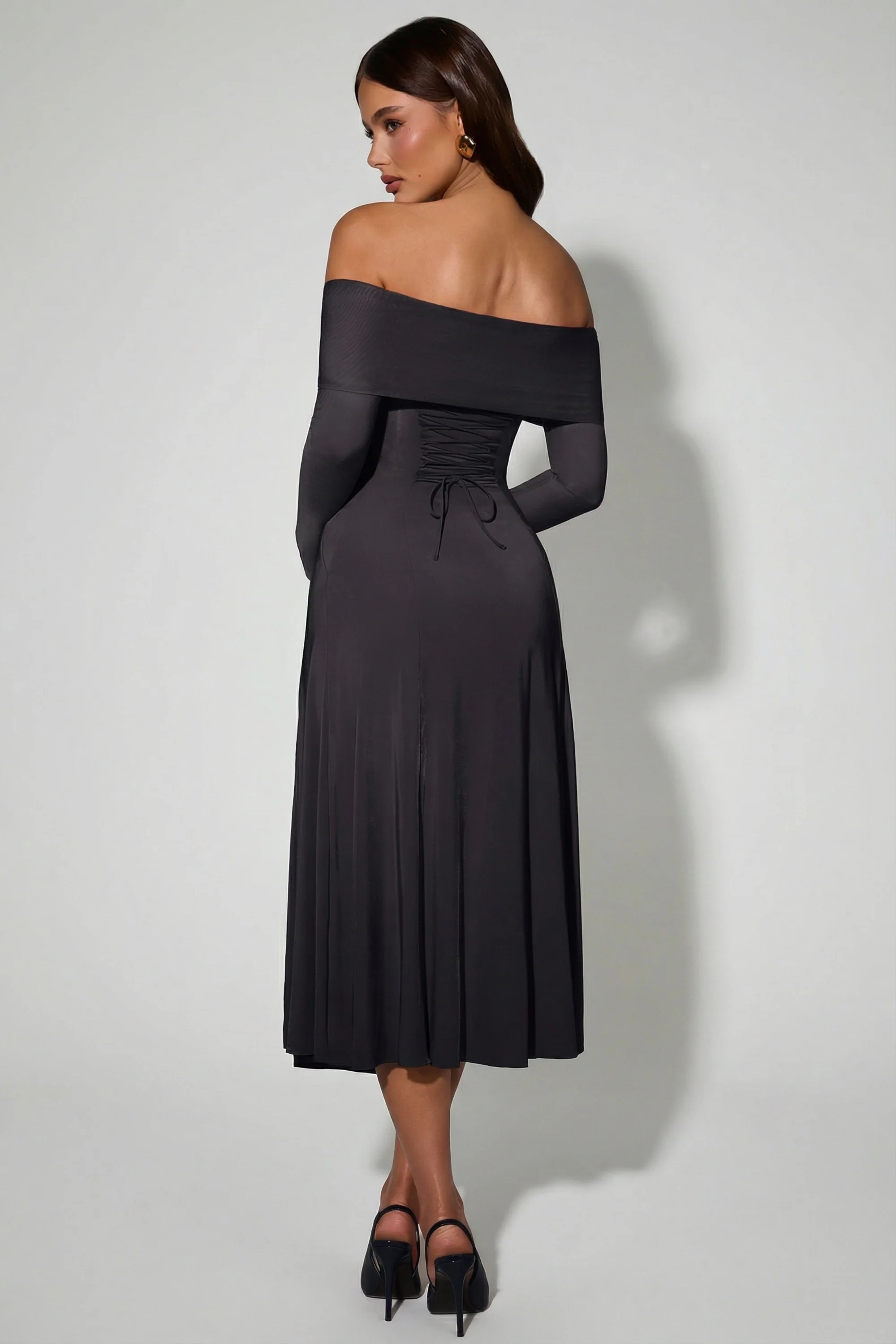 Off-Shoulder Lace-Up A-Line Midaxi Dress in Black