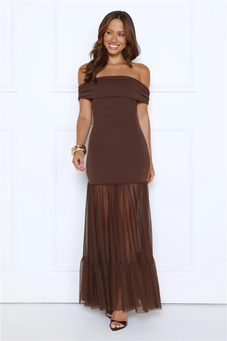 Aurora Radiance Off Shoulder Maxi Dress Brown