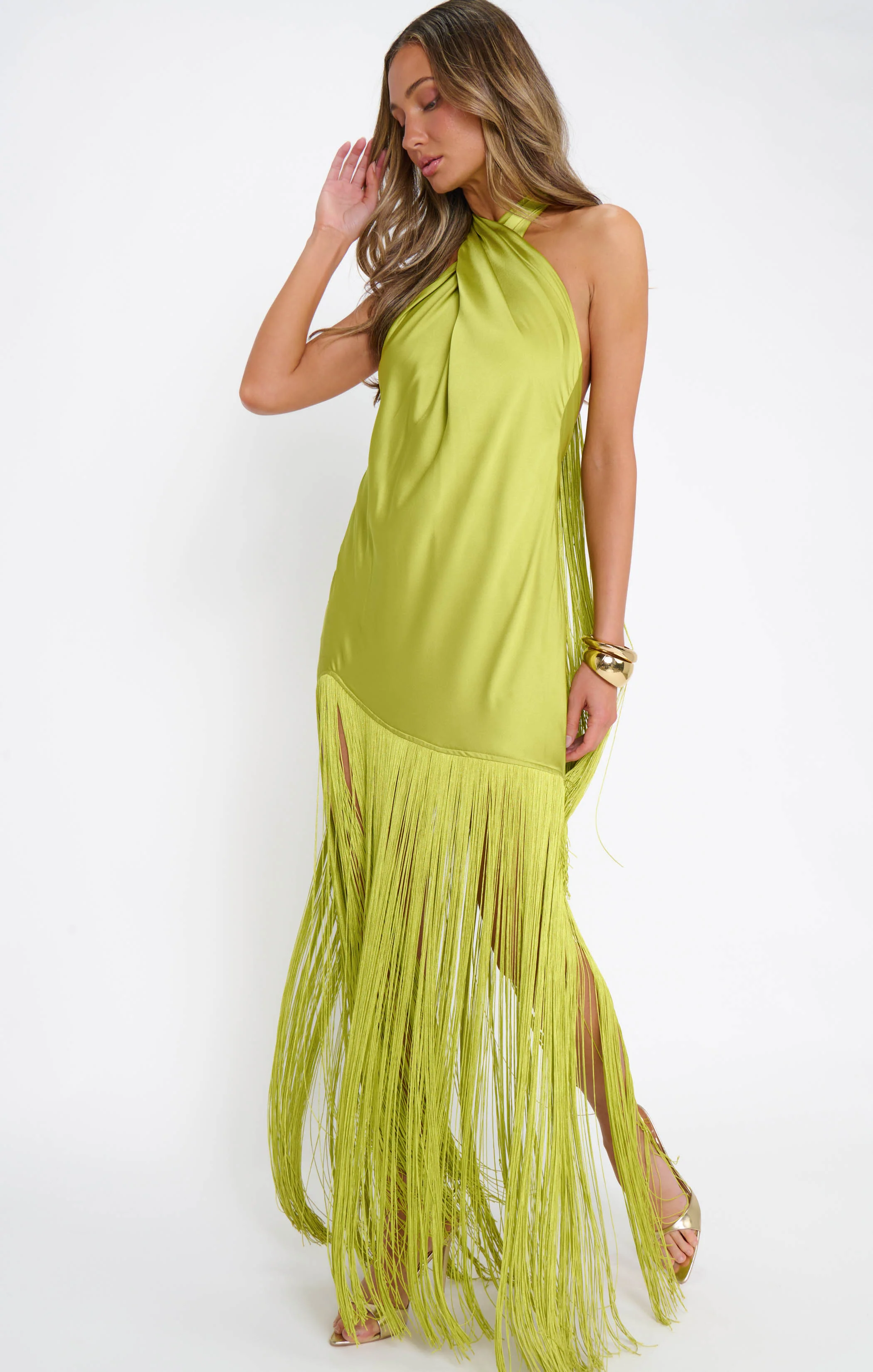 Jasmine Fringe Maxi Dress ~ Chartreuse Luxe Satin