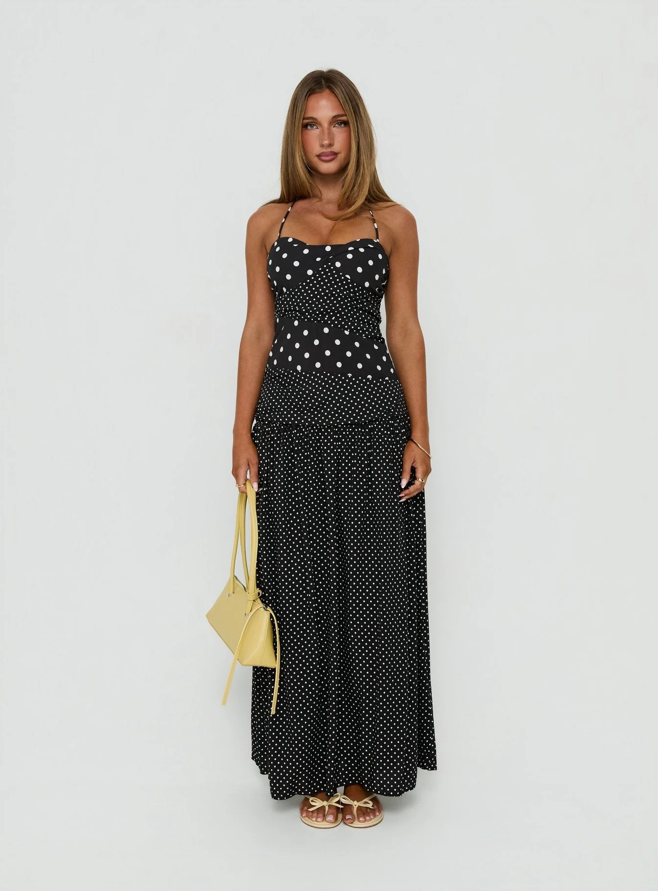 Marguerite Halter Maxi Dress Black / White Polka Dot