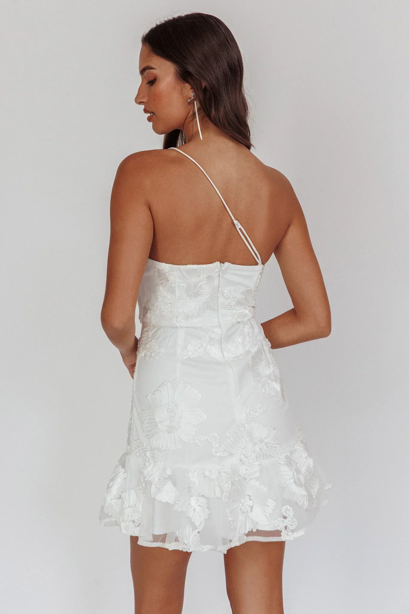 Lilah One-Shoulder Embellished Rosette Dress White