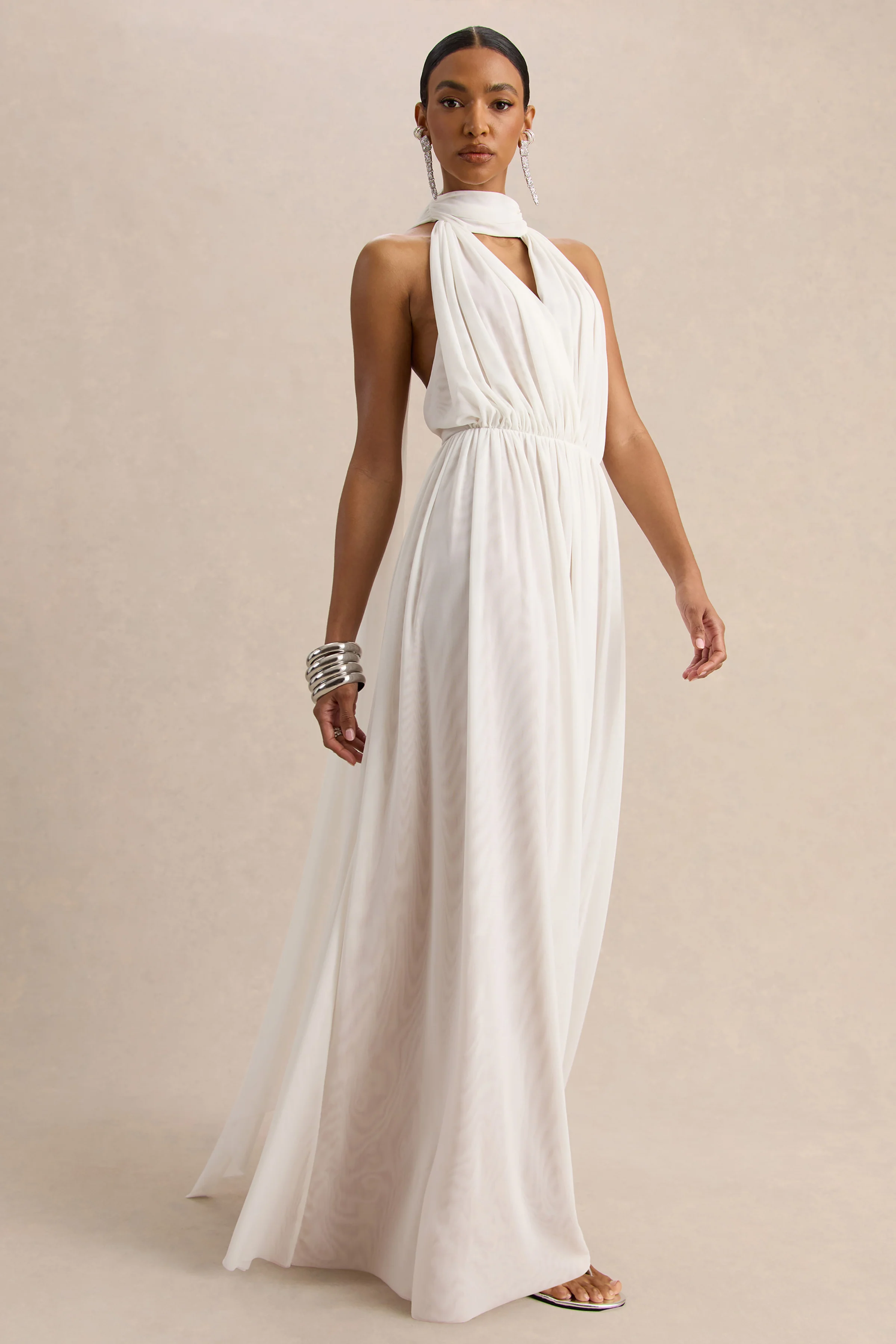 Rylina | White Mesh Halter-Neck Maxi Dress With Scarf And Open-Back