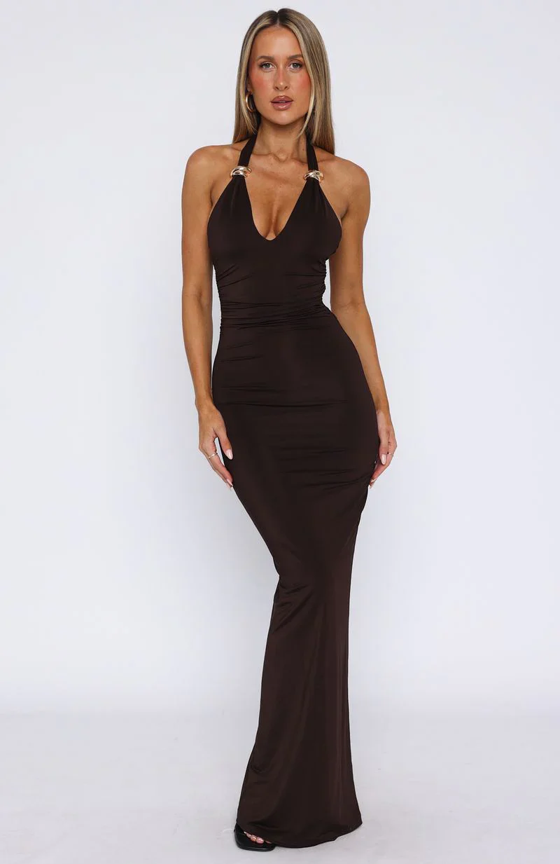 Waste A Moment Halter Maxi Dress Chocolate
