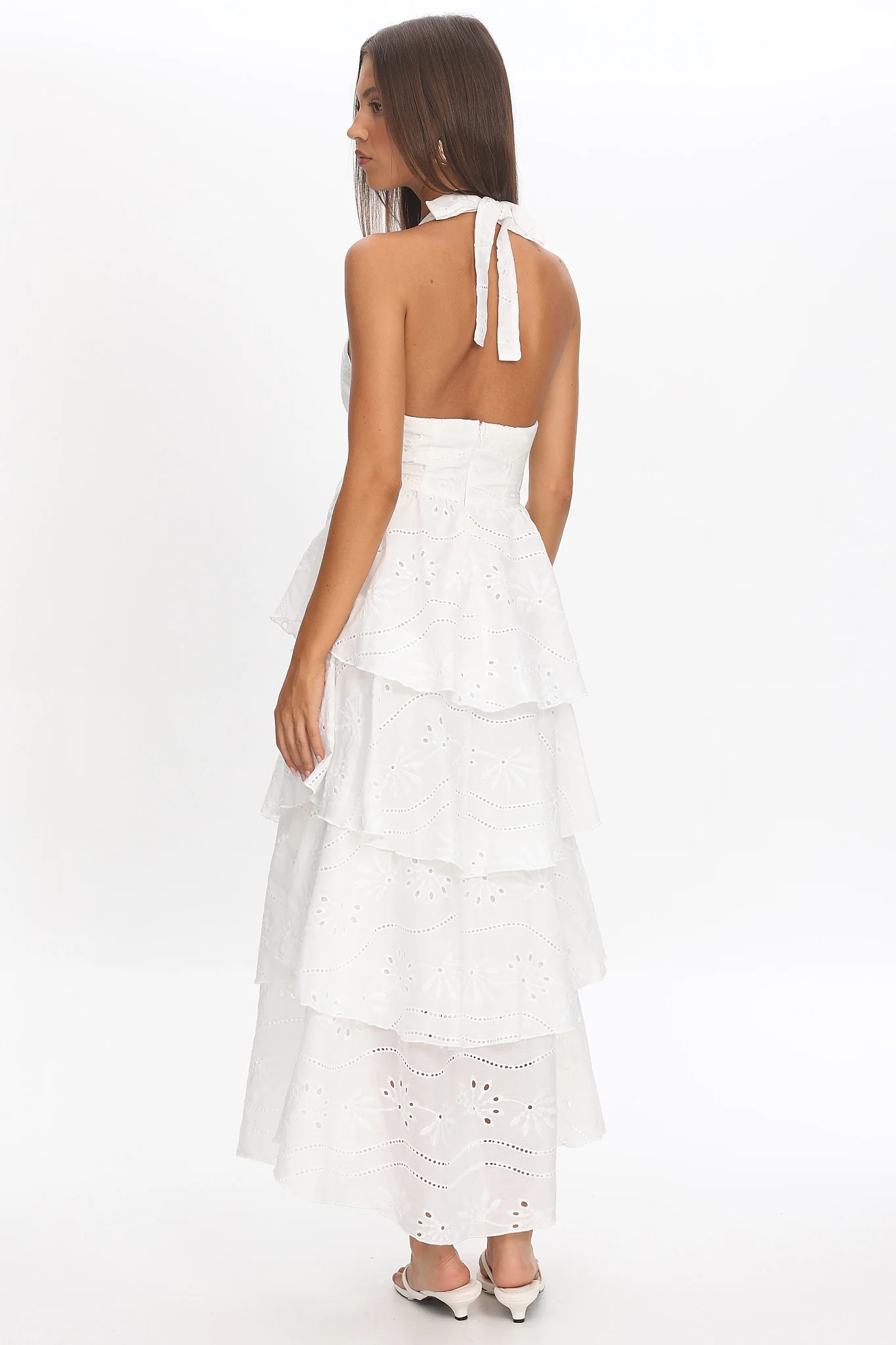 Catalina Tiered Halter Maxi Dress Eyelet White - luluinthesky