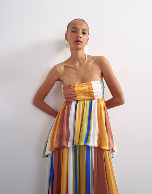 Topshop premium satin dropped waist bandeau maxi dress in striped print