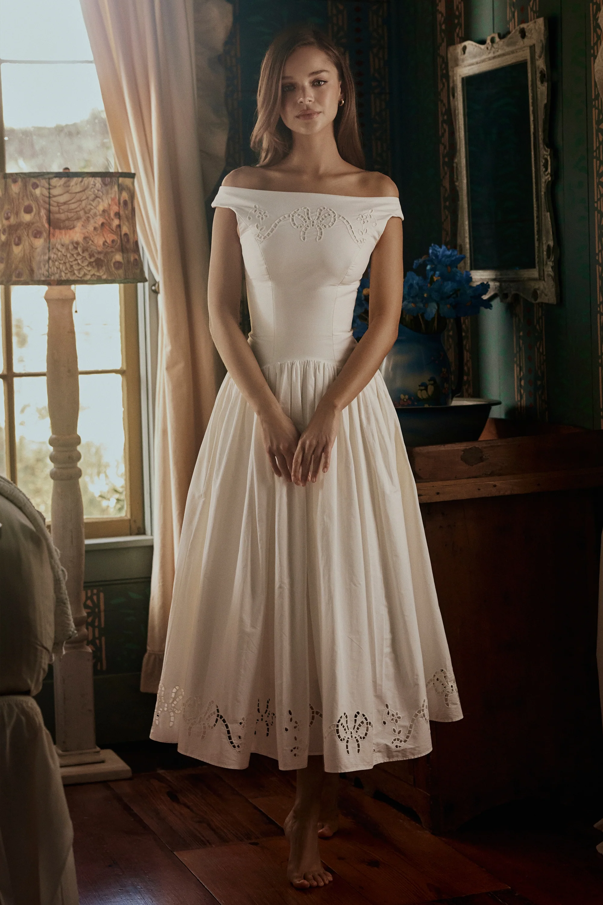 white cotton broderie anglaise boat neck maxi dress - luluinthesky