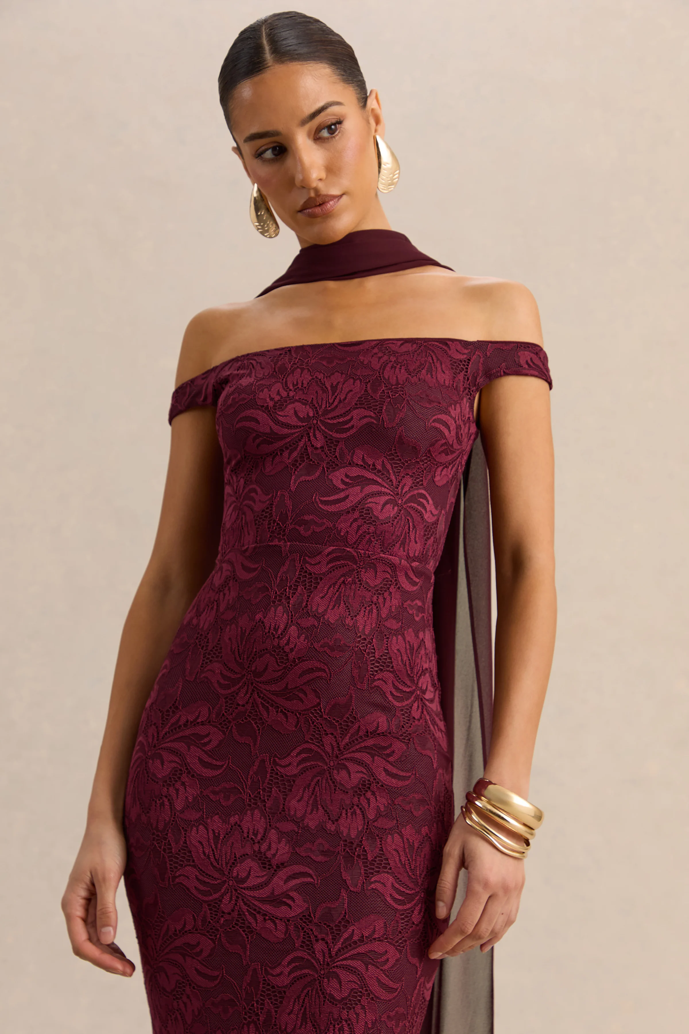 Iselle | Burgundy Lace Bardot-Neck Maxi Dress With Scarf-Detail