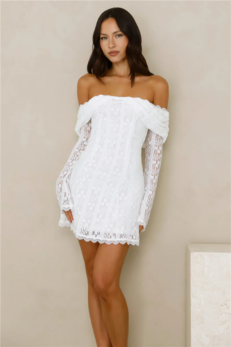 Secret Smile Lace Off Shoulder Mini Dress White