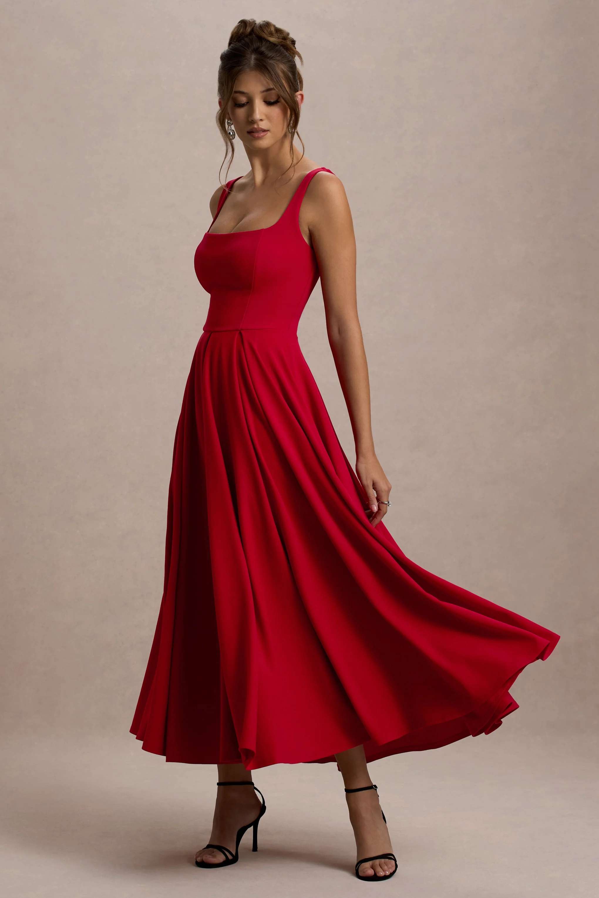 Parina | Red Strappy Volume-Hem Midi Dress