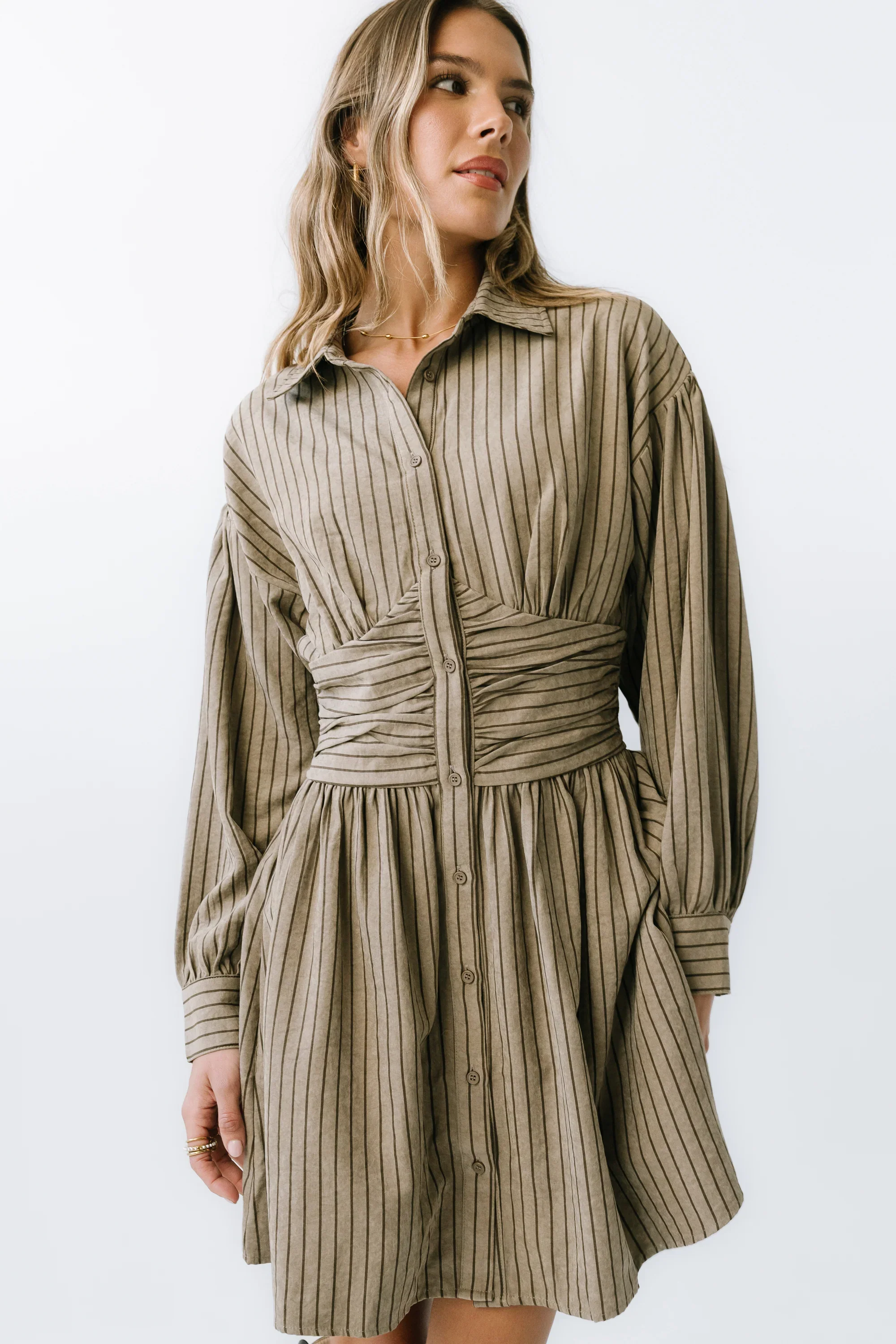 Lonnie Striped Mini Dress in Taupe