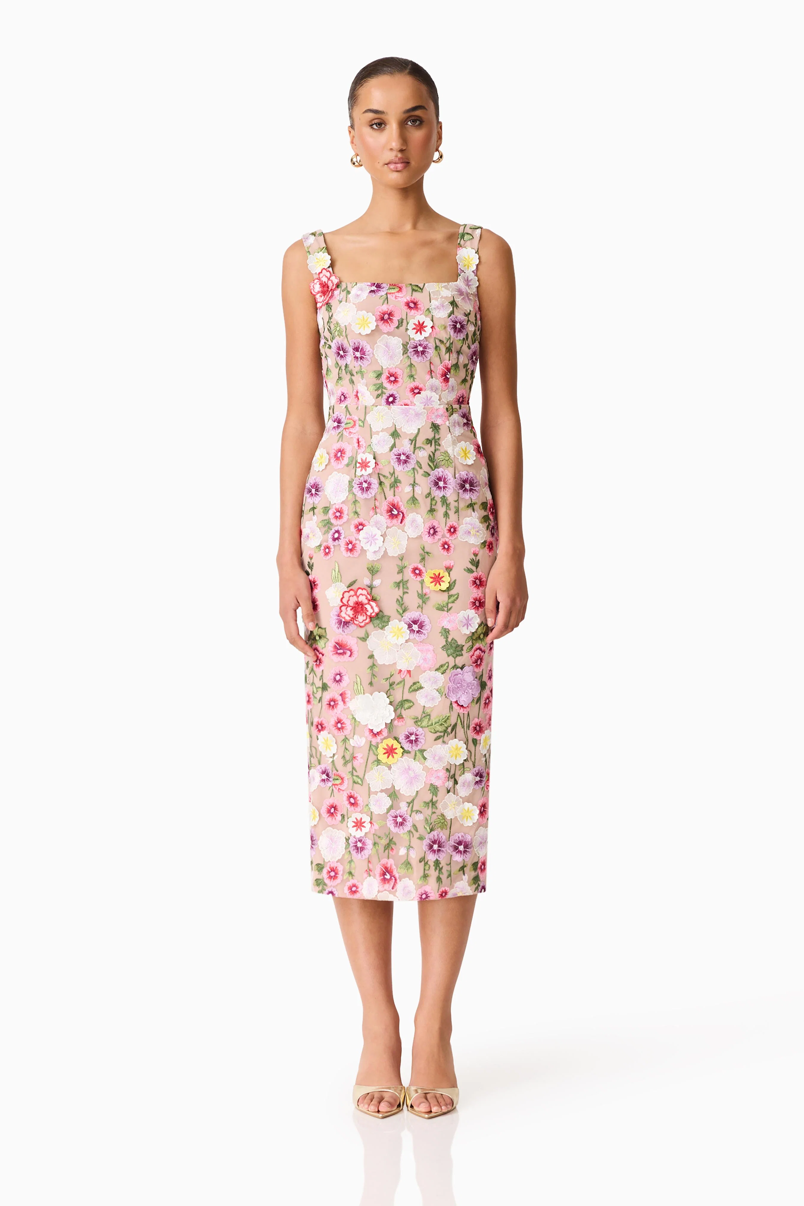 Neve Applique Midi Dress in Pink Floral