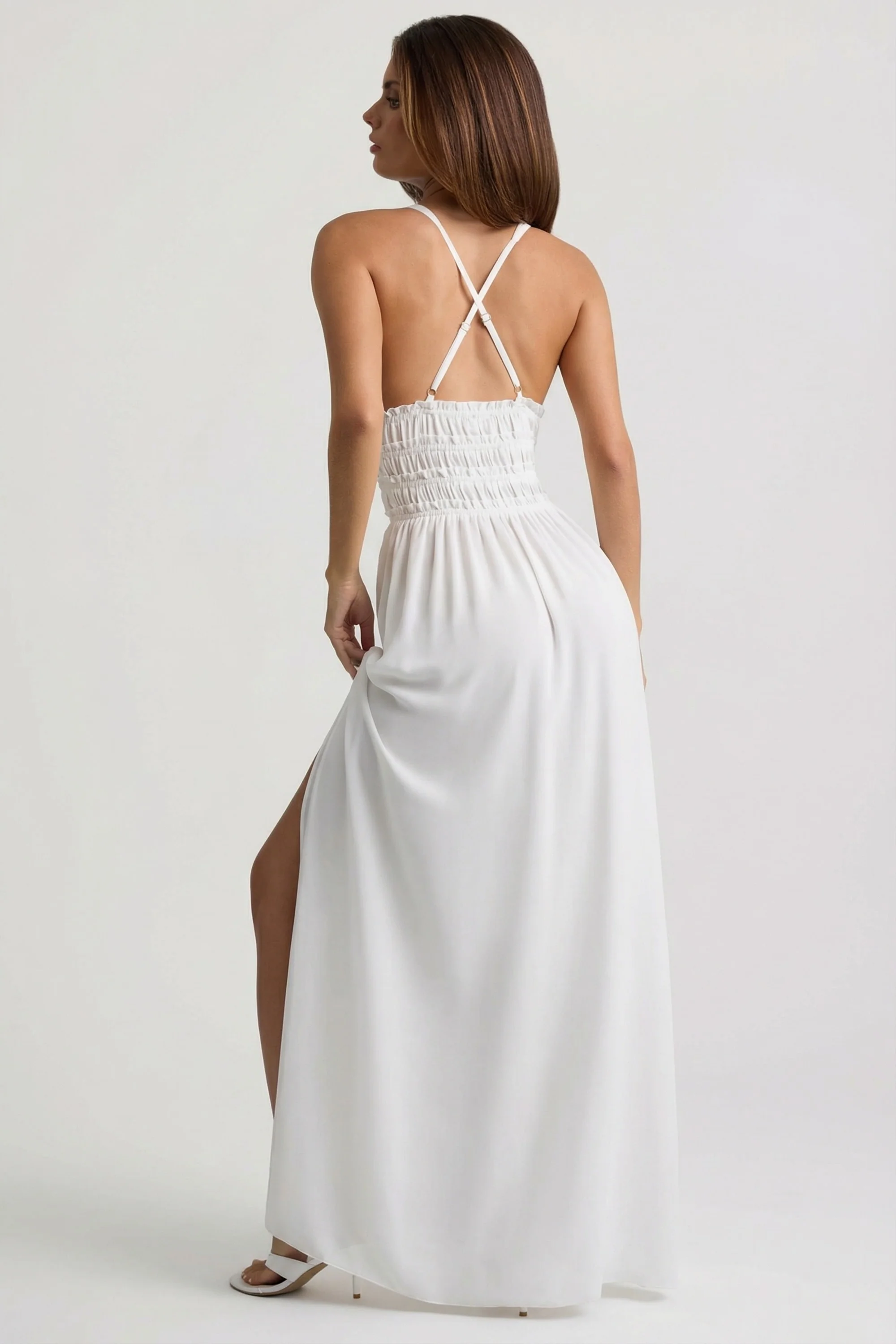 Plunge Cross-Back Maxi Dress in White