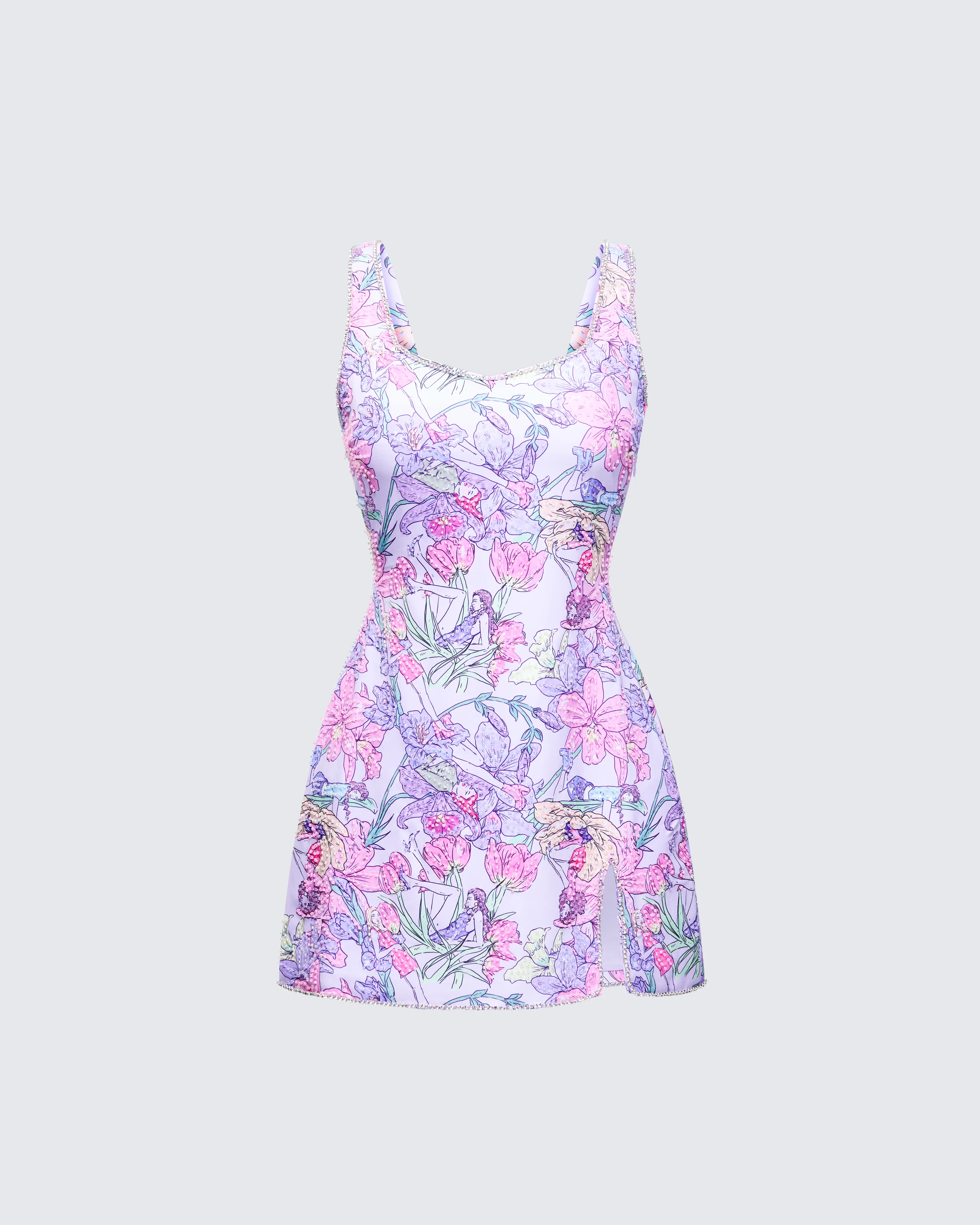 Seraphina Lilac Printed Hand Embellished Mini Dress