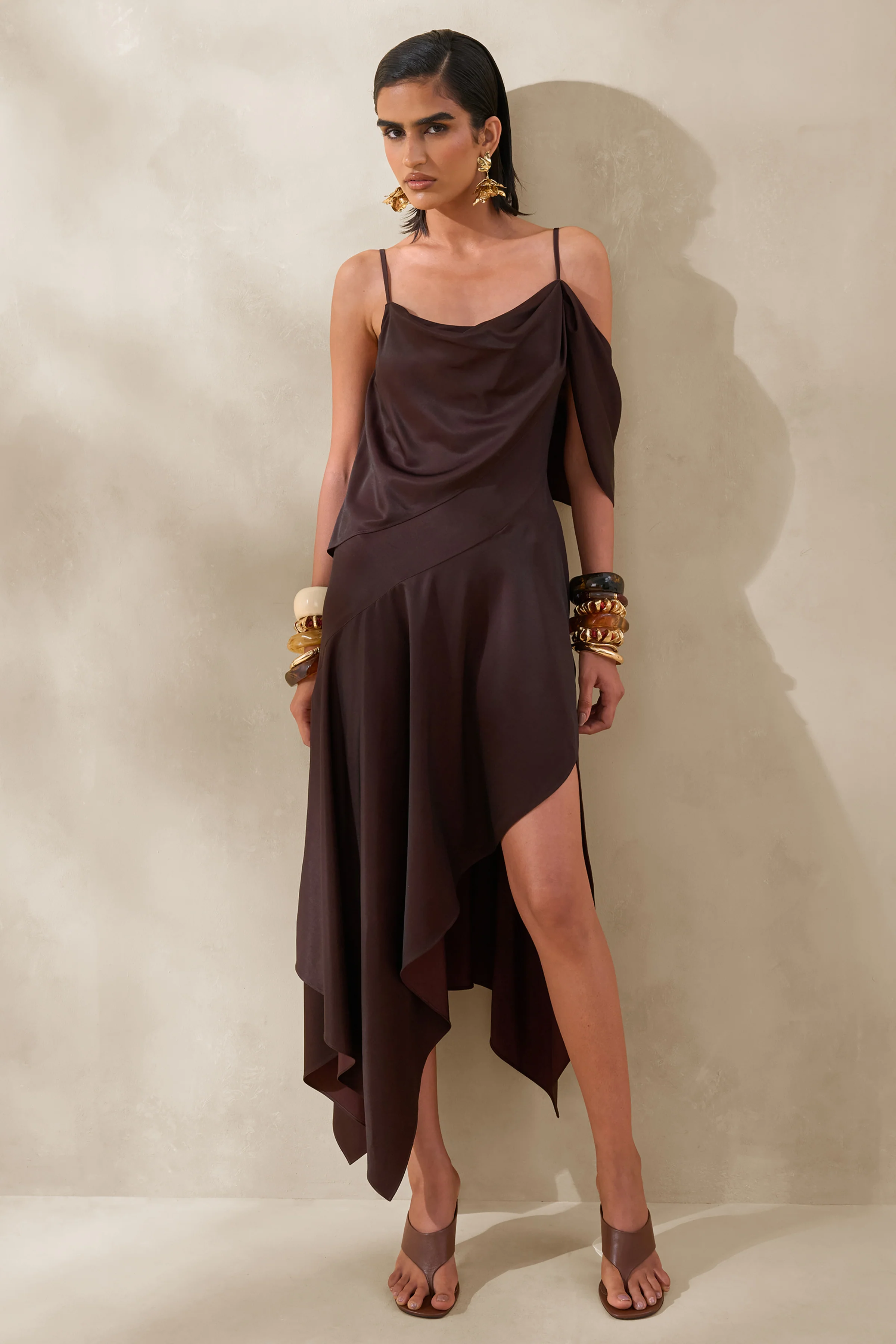 Helira | Brown Asymmetric Midi Dress With Draping Detailing and Open-Back