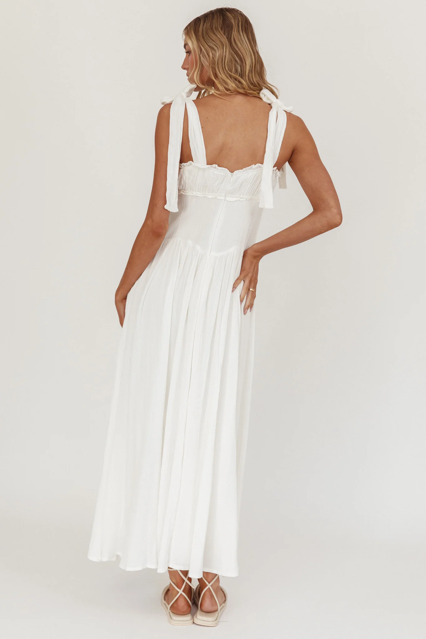 Albury Tied Shoulder Basque Waist Midi Dress White
