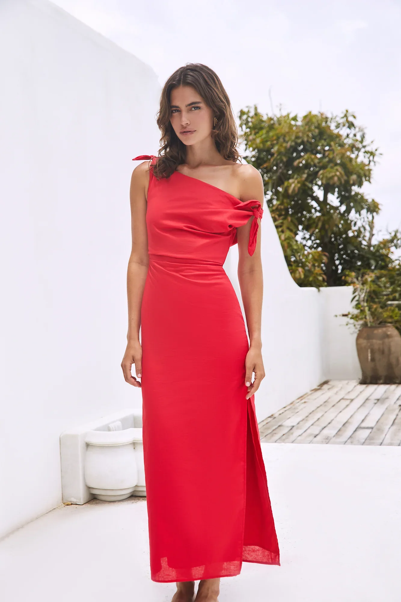 Arctic Allure Linen Maxi Dress Red