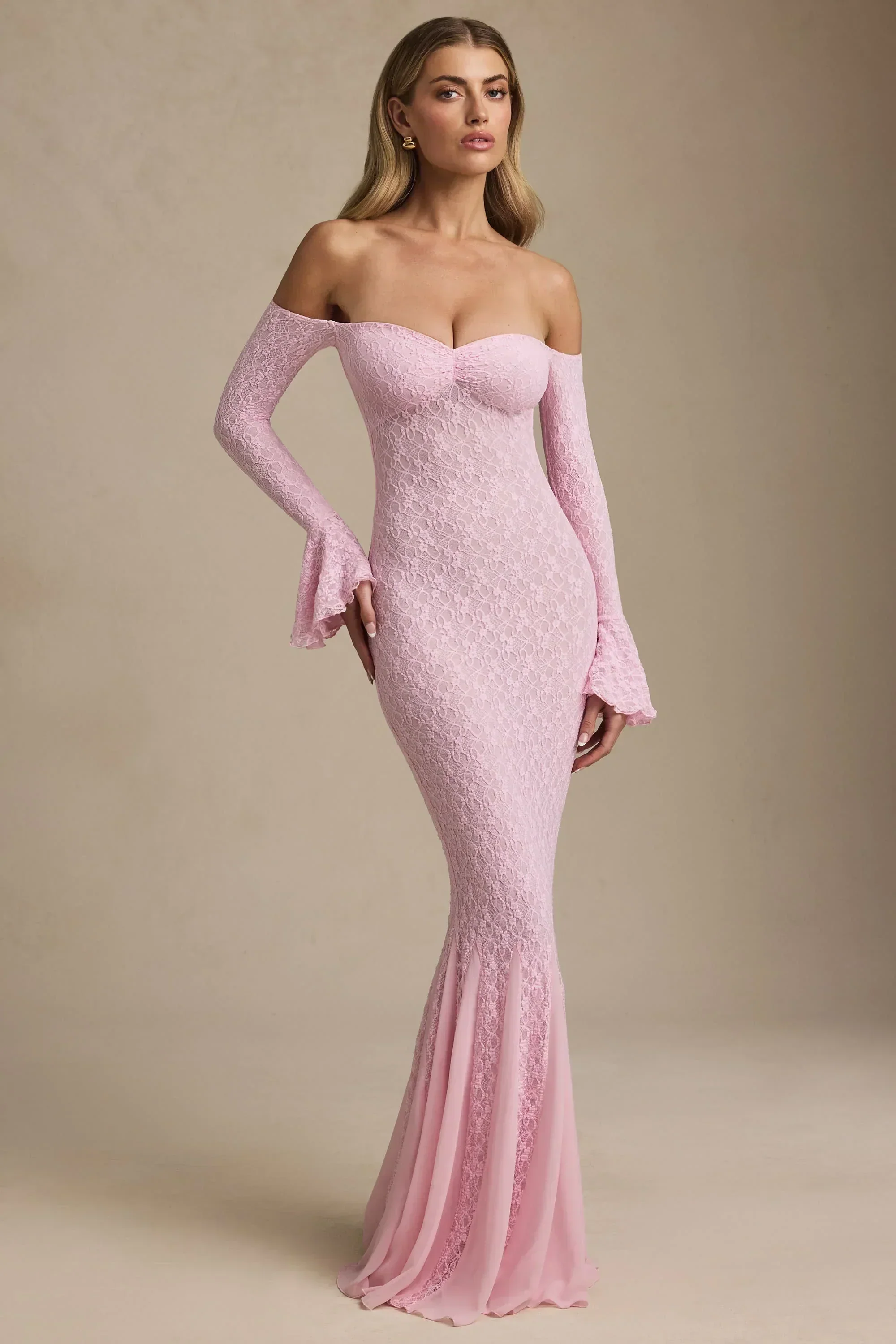 Off-Shoulder Ruffle Lace Maxi Dress in Soft Pink