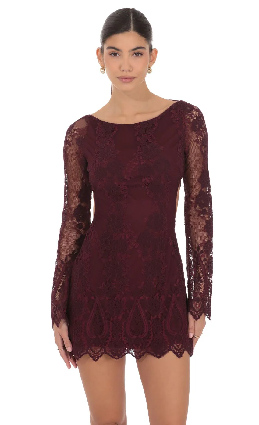 Lace Open Back Long Sleeve Dress in Burgundy - luluinthesky